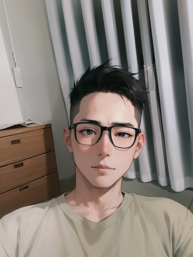 1 boy、A dark-haired、black eyes、Depression