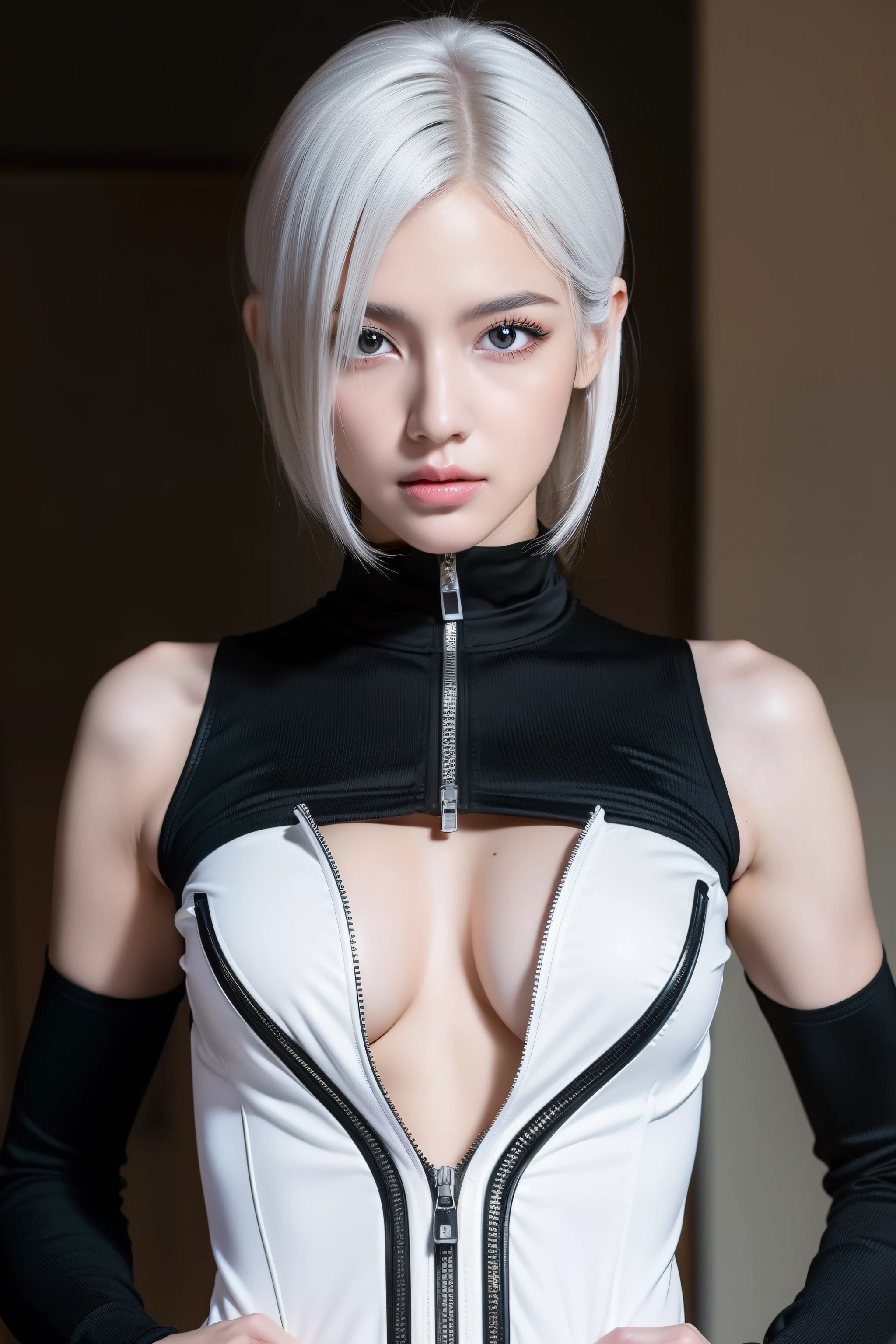 soldier suit girl, gun, superlative, masterpiece, seduction, full body, heavy makeup, hair ties, slightly open mouth, big eyes, glossy, very pretty face, young face, slender waist, sex pack, light white hair, straight face looking foward, photorealistic.