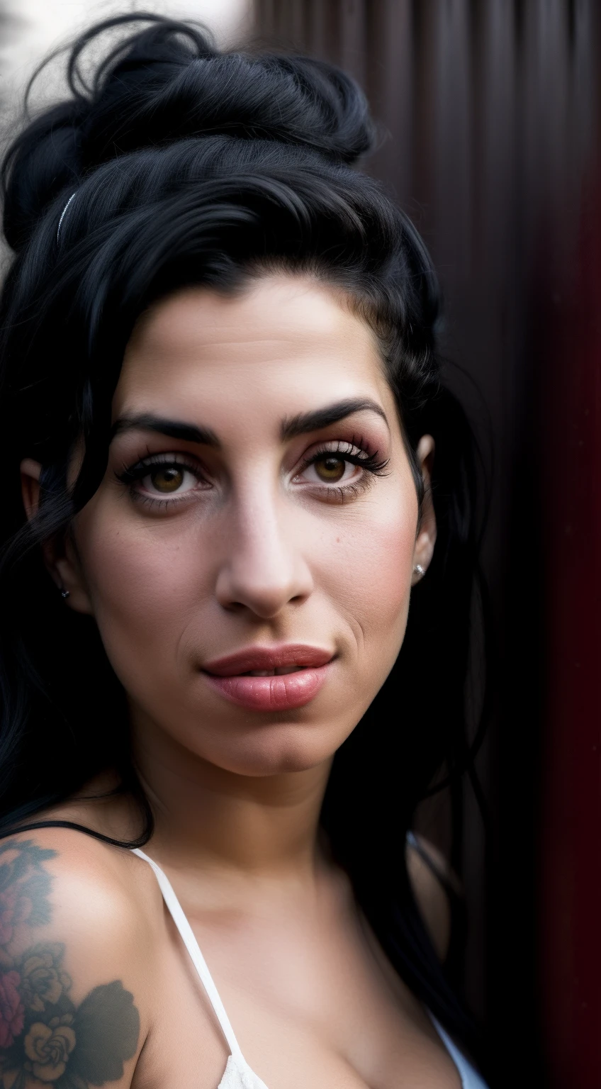 Introducing Amy Winehouse through a 50mm photographic lens. A imagem retrata sua autenticidade crua, similar to Diane Arbus's approach. Amy stands against a graffiti-covered wall, mostrando sua personalidade vibrante contra a garra urbana. Colors are slightly desaturated, enfatizando o contraste. Seu sorriso reflete desafio, accentuated by the dramatic lighting of the chiaroscuro. The atmosphere seems both candid and attractive.
