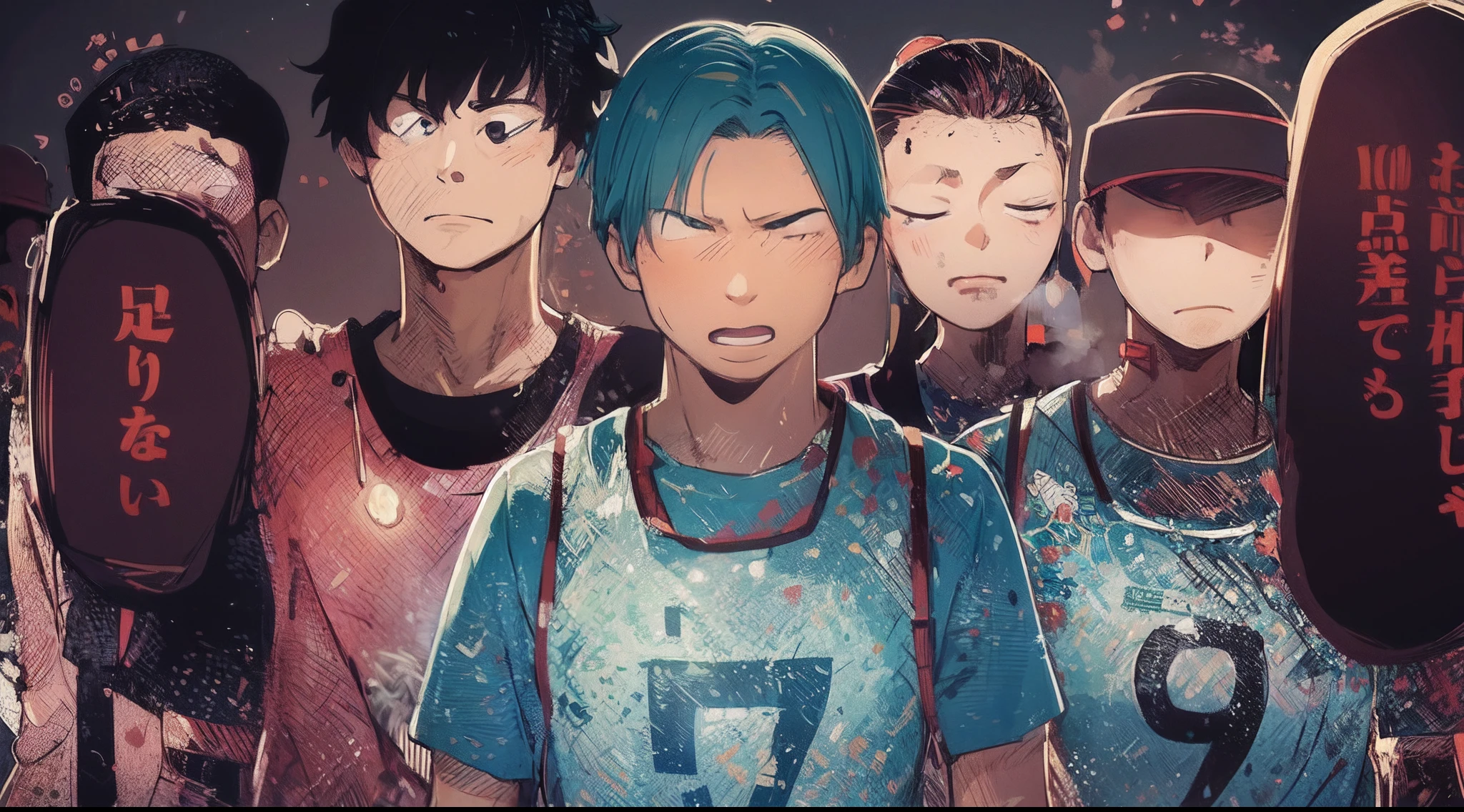 a anime of a cartoon, no eyes, training bibs, manga, text manga, color manga, manga color, color manga, color manga panel, simple background