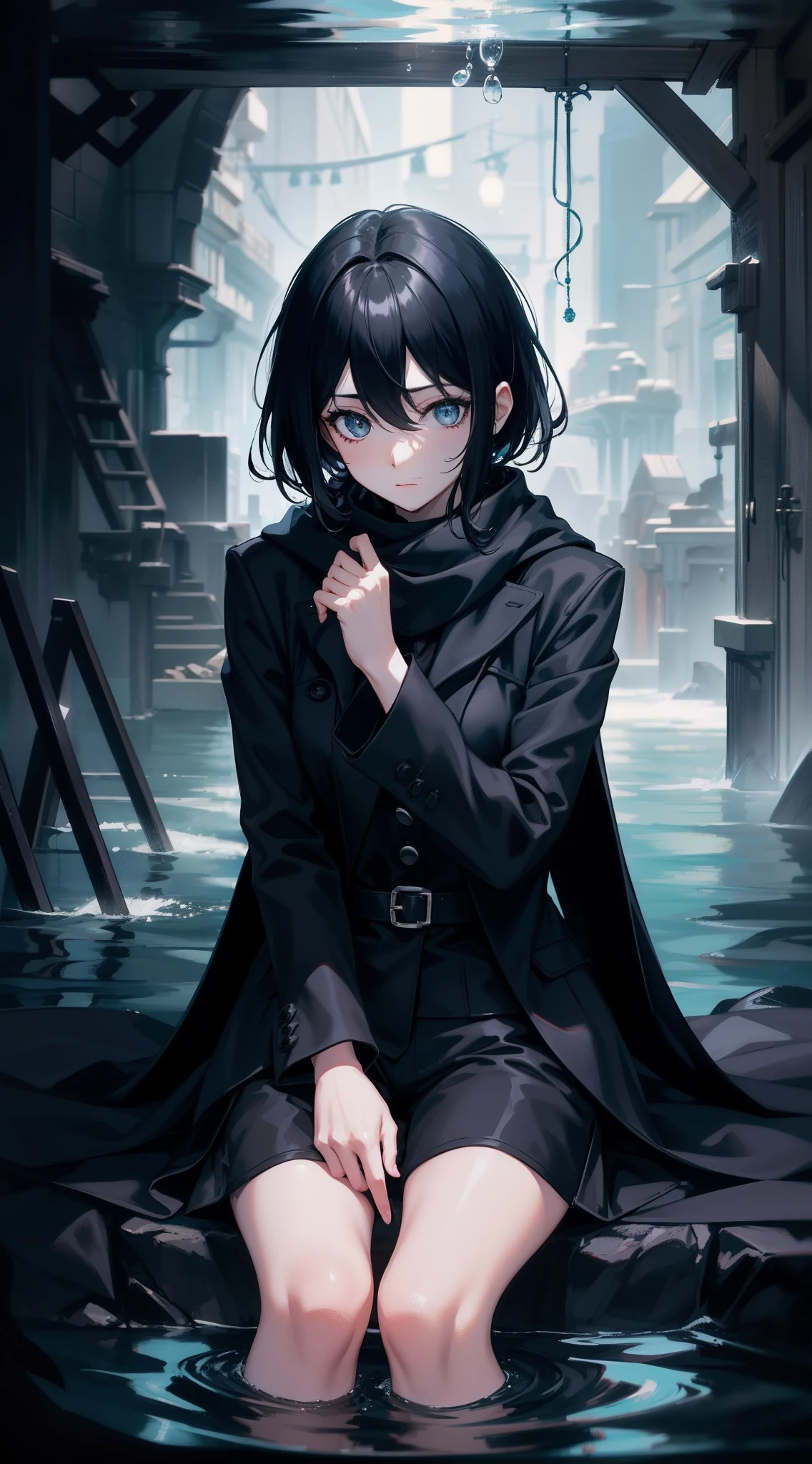 Under the water，Solitude，shadowy，Two-dimensional woman，with short black hair，Black coat jacket，black long pants，黑The eye，Black scarf，Delicate lighting，Delicate hair，A high resolution