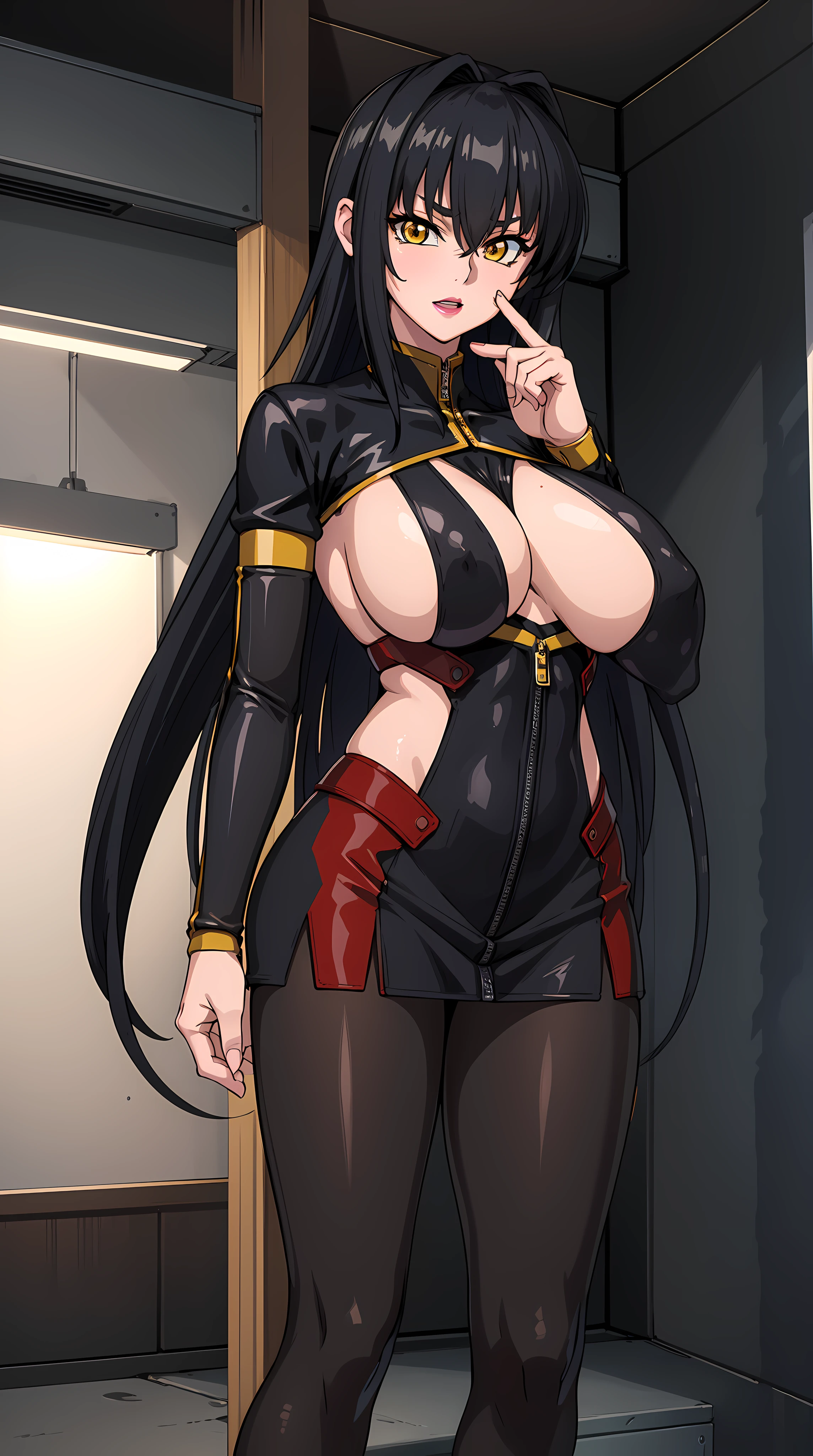 professional artwork, Intricate Details, field of view, sharp focus, detailed painting, photorealistic lighting, trending on pixiv, Standing at attention, black outfit ,yellow collared shirt,black and red bodysuit,skin_tight,black legwear, black pantyhose, Side_boob, black hair,very long hair, Bangs,yellow eyes,makeup, lipstick, 20yo,mature female,Beautiful Finger,Beautiful long legs,Beautiful body,Beautiful Nose,Beautiful character design, perfect eyes, perfect face, looking at viewer, NSFW,official art,extremely detailed CG unity 8k wallpaper, perfect lighting,Colorful, Bright_Front_face_Lighting, (masterpiece:1.0),(best_quality:1.0), ultra high res,ultra-detailed, hyperdetailed, photography, 8K, HDR, highres, absurdres:1.2, Kodak portra 400, film grain, blurry background, bokeh:1.2, lens flare, (vibrant_color:1.2) (Beautiful,large_Breasts:1.4), (beautiful_face:1.5),(narrow_waist), (solo:1.4), ((half body shot:1.4)), annerose:1, classroom