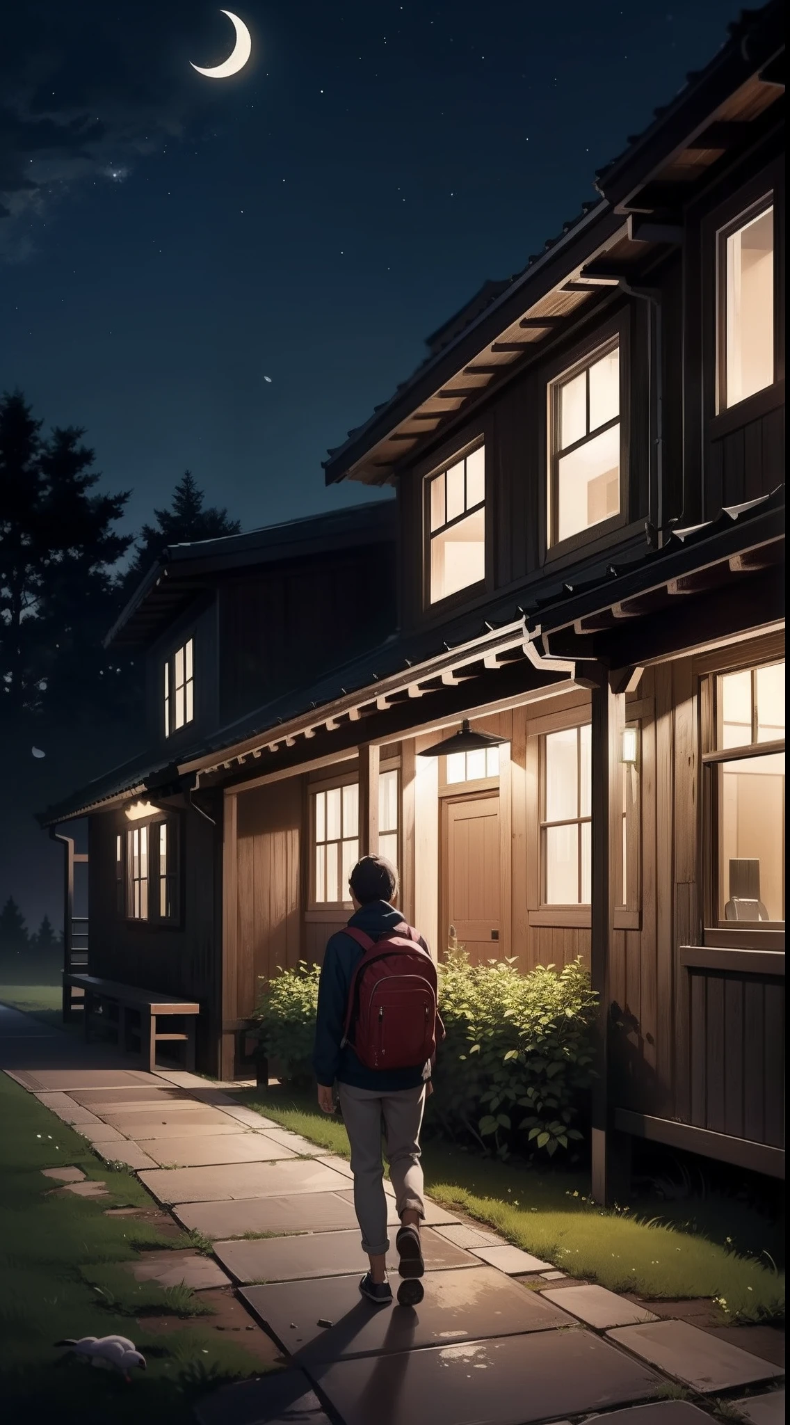 a photographic serene nighttime setting in the countryside, where a lone figure is walking along a dirt road. The individual, with a backpack, is moving away from the camera, creating a feeling of solitude. The sky above is dark and enchanting, with a crescent moon casting a soft glow. In the distance, a mountain range and a dense forest provide a serene backdrop. A rustic wooden cabin, adorned with lights, stands peacefully in the background. The scene is further enriched by a flock of birds soaring gracefully through the dark sky.