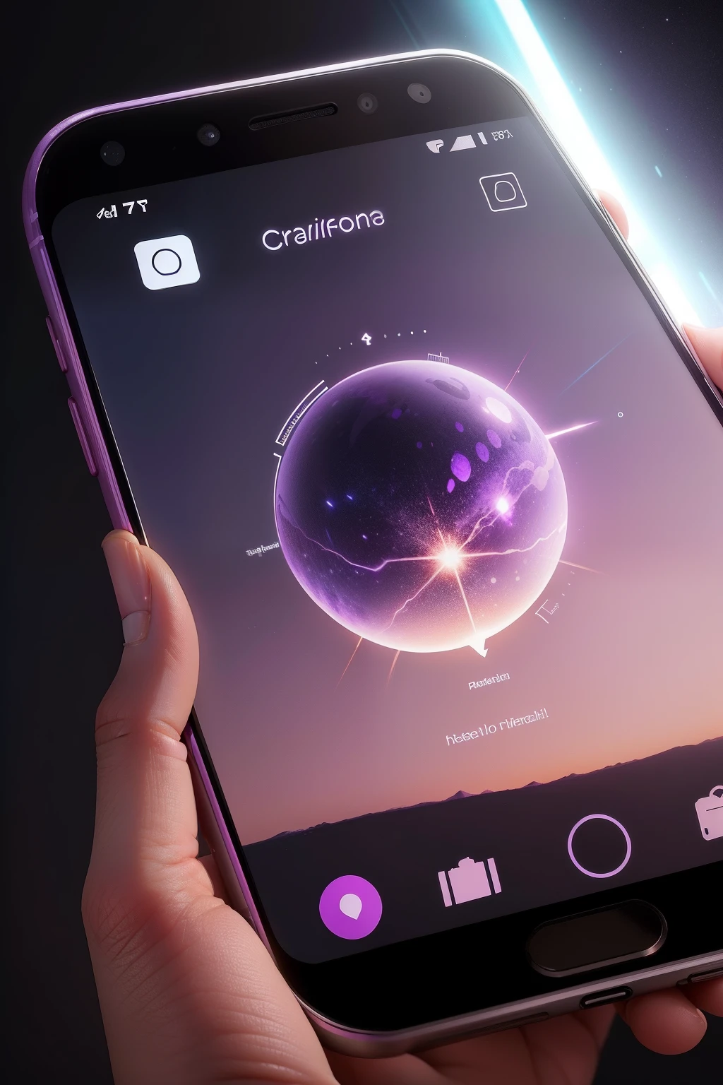 Crie uma obra de arte em IA que apresente um celular posicionado horizontalmente. A partir do celular, Design a bell-shaped reminder notification, using bursts of light and high-tech projections. The image should be focused on the representation of innovation, without the inclusion of human characters or forms. Use shades of purple to convey the high-tech feel, and explore color variations within that palette. A cena deve transmitir a ideia de uma mensagem importante e urgente, emanating from the mobile phone with a futuristic and technological touch."