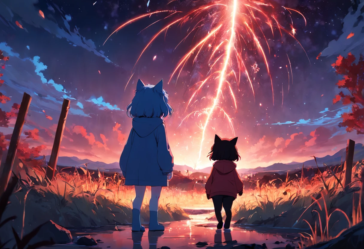 masterpiece, beste-Qualit, filmstill, warm soft lighting, the night, (sparks: 0,7), shooting star, motion, scenery, cat, Landscape only, end of the world, monster, high detail, red and blue