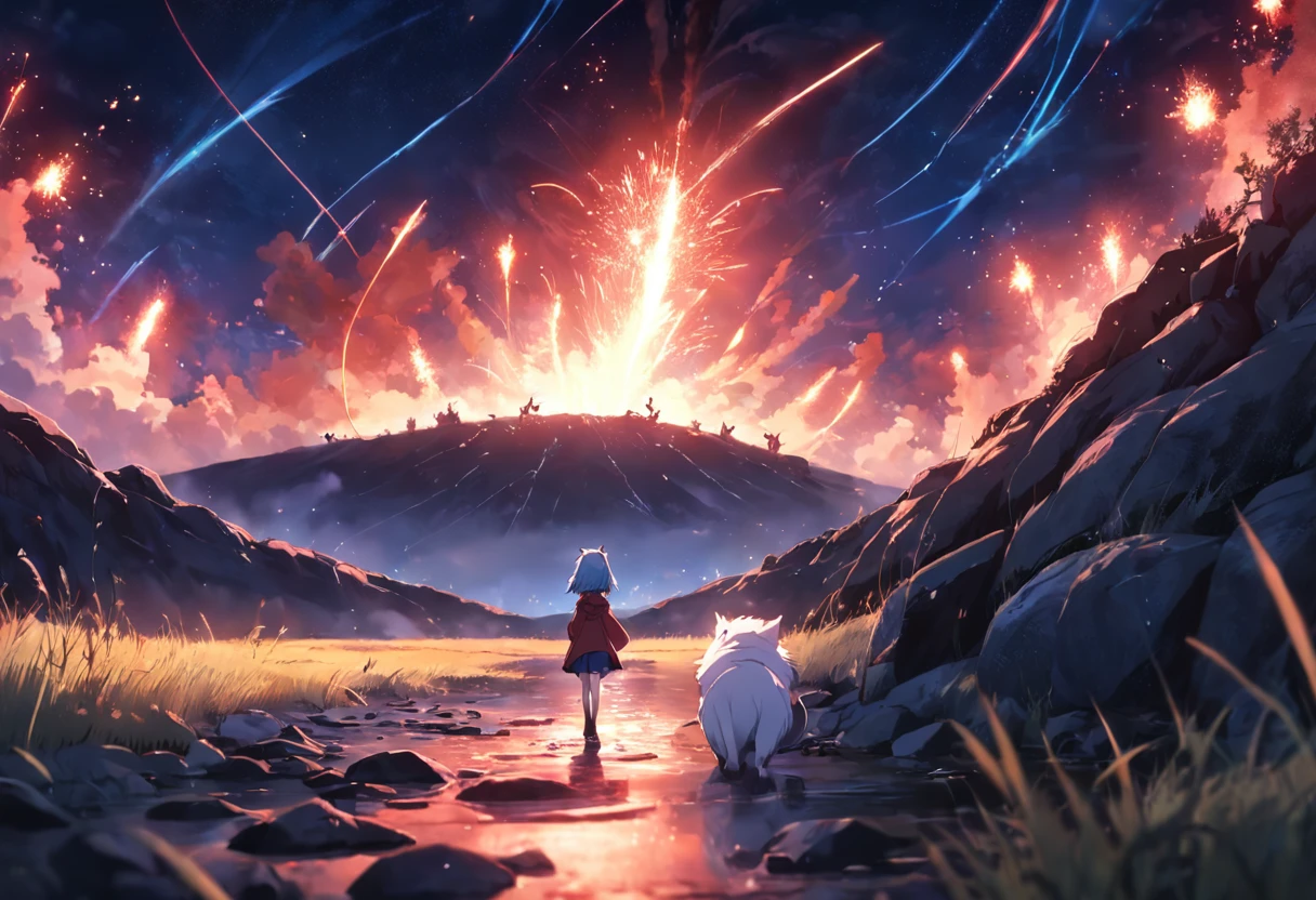 masterpiece, beste-Qualit, filmstill, warm soft lighting, the night, (sparks: 0,7), shooting star, motion, scenery, cat, Landscape only, end of the world, monster, high detail, red and blue