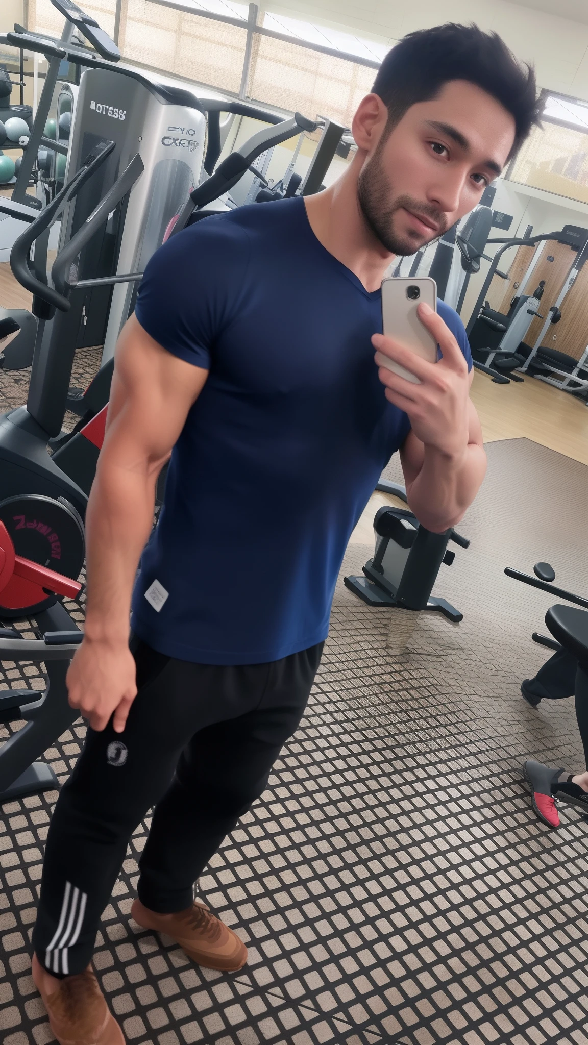 there is a man standing in a gym with a cell phone, fit pic, in a gym, working out, 2 7 years old, full body picture, 3 2 years old, in good physical shape, 2 9 years old, 2 8 years old, 3 6 years old, shoulders can be seen, upper body!!, 165 cm tall