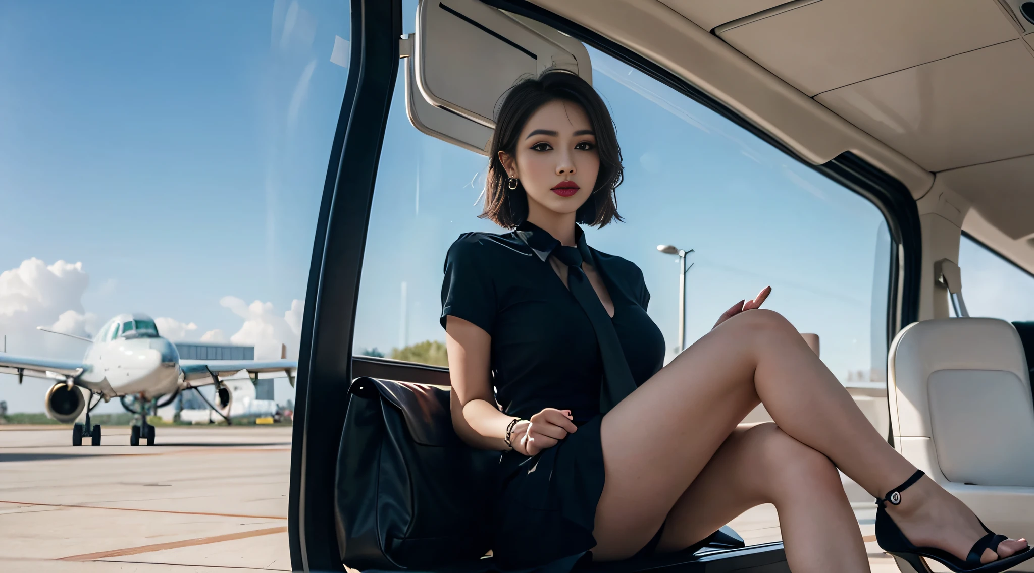 （realisticlying：1.2），South Korean beauties,（（Exquisite makeup））,（（Exquisite makeup）），（（Exquisite makeup））,（（Exquisite makeup）），（（Exquisite makeup））,（（Exquisite makeup）），（（Exquisite makeup）），（（Exquisite makeup）），（（Exquisite makeup）），（（Exquisite makeup）），（（Exquisite makeup）），（（Exquisite makeup）），（（Exquisite makeup）），（（Exquisite makeup）），（（Exquisite makeup）），（（Exquisite makeup）），（（Exquisite makeup）），（（Exquisite makeup）），Gorgeous makeup, Beautiful face，putting makeup on，Beautiful human face，Delicate, Beautiful, Delicate eyes，Delicate eyes，The eyes are deep and bright，The eyes are deep and bright，Young and beautiful,Young and beautiful，big breasts beautiful，big breasts beautiful，Tempting，Tempting，Tempting，，The face is delicate and cute，The face is delicate and cute，Elegant makeup，Move，（33-year-old mature woman：1.3），（flightattendantuniform, black cloaths：1.2, transparent white shirt：1.2, black necktie, Silver square stud earrings：1.2, Medium ruffle skirt：1.3, Clear black stockings cover the legs：1.3, White stiletto heels：1.2）， lipsticks, Beautiful scenery in space, Fly in the sky, Heavenly, Aircraft cabin, hyper realistic background：1.2,A full-body photo：1.2, （Sit down，Crossed legs：1.7）, Super white skin, Casual hairstyle，brunette color hair，Sexy lips，huge tit，Breasts and breasts squeezed together，hyper HD，High quality，Masterpiece，ssmile，Beautiful slender legs，Unique and delicate fingers，