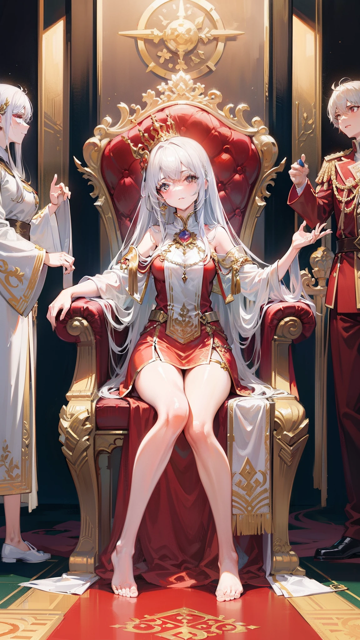 On the resplendent palace, officials knelt in front of the throne, facing the huge throne in the center of the hall, on the throne, a girl with white hair wearing a phoenix crown, dressed in a golden red dress, a gold and silver jewelry, bored with a hand to support her chin, bare feet Stepping on a red gold-rimmed carpet that stretched all the way to the door of the hall
