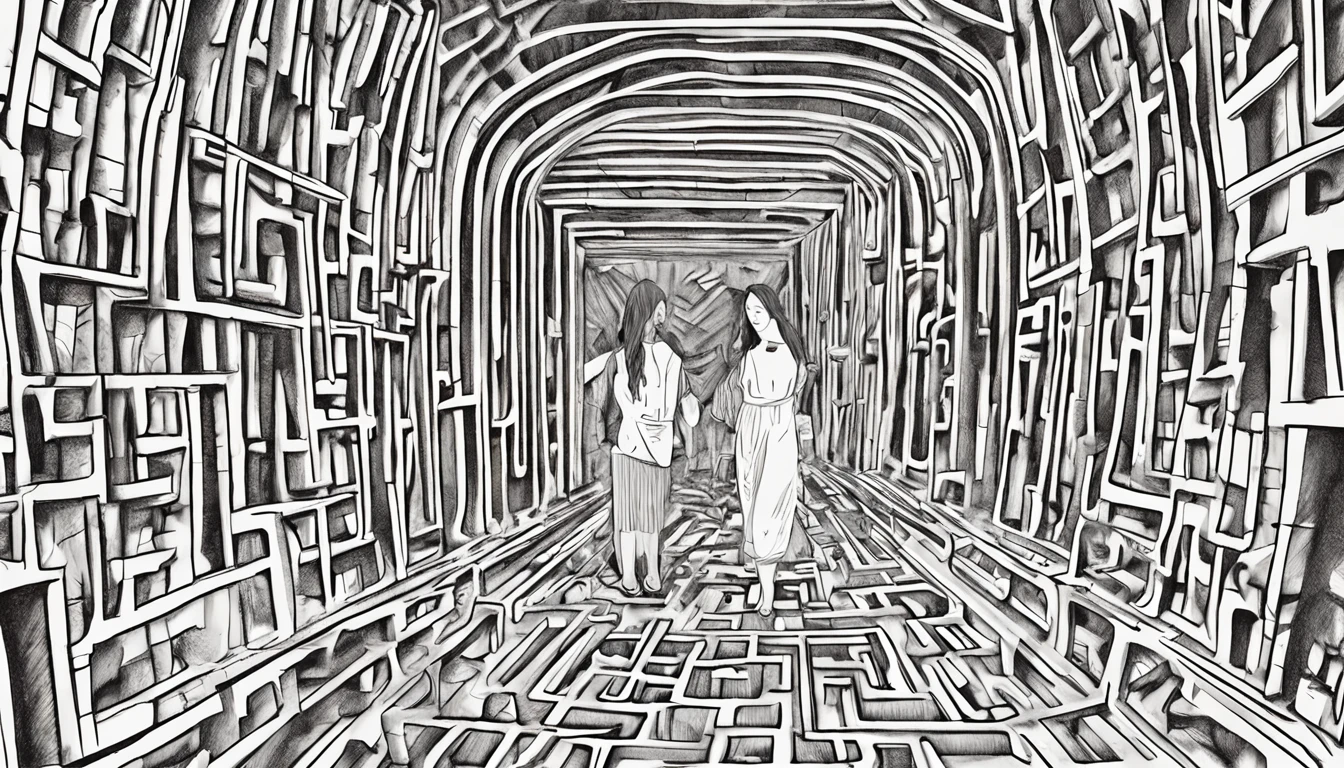 "Por gentileza, Create an image that conveys the following situation in a creative and engaging way: A 35-year-old woman is portrayed in a worried way, reflecting your anxiety about COVID-19-related memory loss. The scene must be represented in a metaphorical and funny way to generate empathy, action and keep the viewer's attention. Por exemplo, You can imagine the woman as an explorer in a maze in your mind, where the walls of the labyrinth display fragments of confused memories. She's trying to find a way out of the maze and regain her memories. Use elementos visuais que evocam empatia, such as expressive facial expressions and a color palette that conveys a sense of concern and hope. Marketing techniques must be subtly incorporated, talvez por incluir um "Clique Aqui para Descobrir Mais" dentro do labirinto, encourage the viewer to engage with the content. The goal is to create a captivating image that emotionally touches the audience, incentivando-o a agir e explorar mais a fundo."