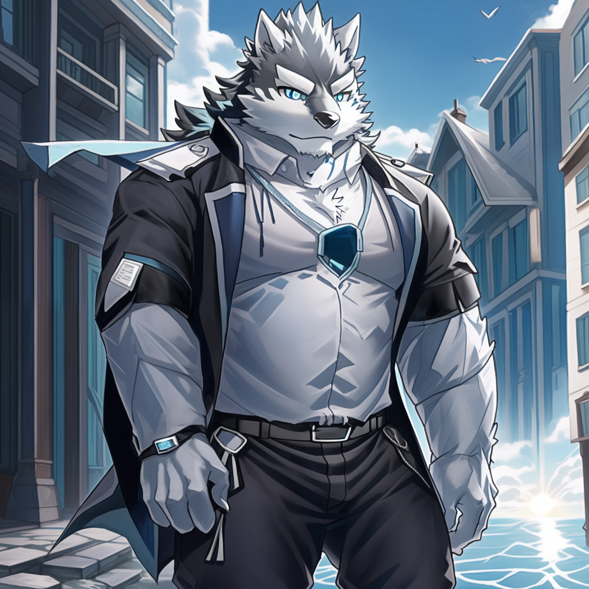 solo person，hairy chest，Lovely belly，Canine orcs，Blue body，Blue-blue eyes，Black ears，Gray trench coat，Black pantsuit，White hood，Black cape，Two strands of dark blue hair stood on end