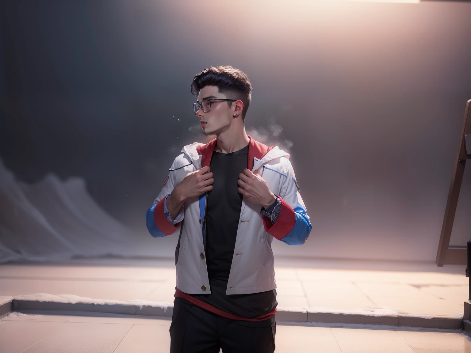 Make realistic more handsome boy change clothes by Russian coat and change background and put transparent specks