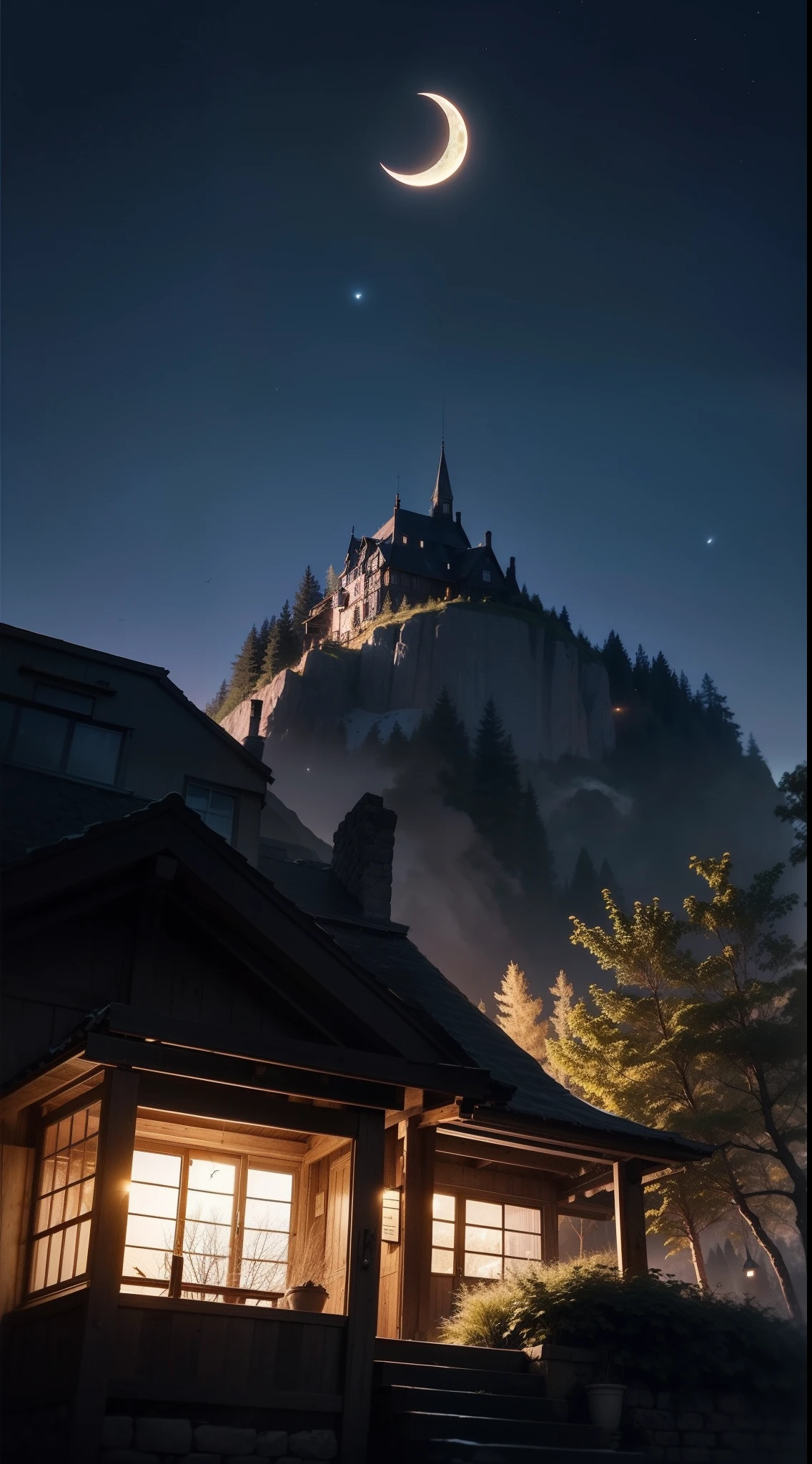 a photographic serene nighttime setting in the countryside, where a lone figure is walking along a dirt road. The individual, with a backpack, is moving away from the camera, creating a feeling of solitude. The sky above is dark and enchanting, with a crescent moon casting a soft glow. In the distance, a mountain range and a dense forest provide a serene backdrop. A rustic wooden cabin, adorned with lights, stands peacefully in the background. The scene is further enriched by a flock of birds soaring gracefully through the dark sky.