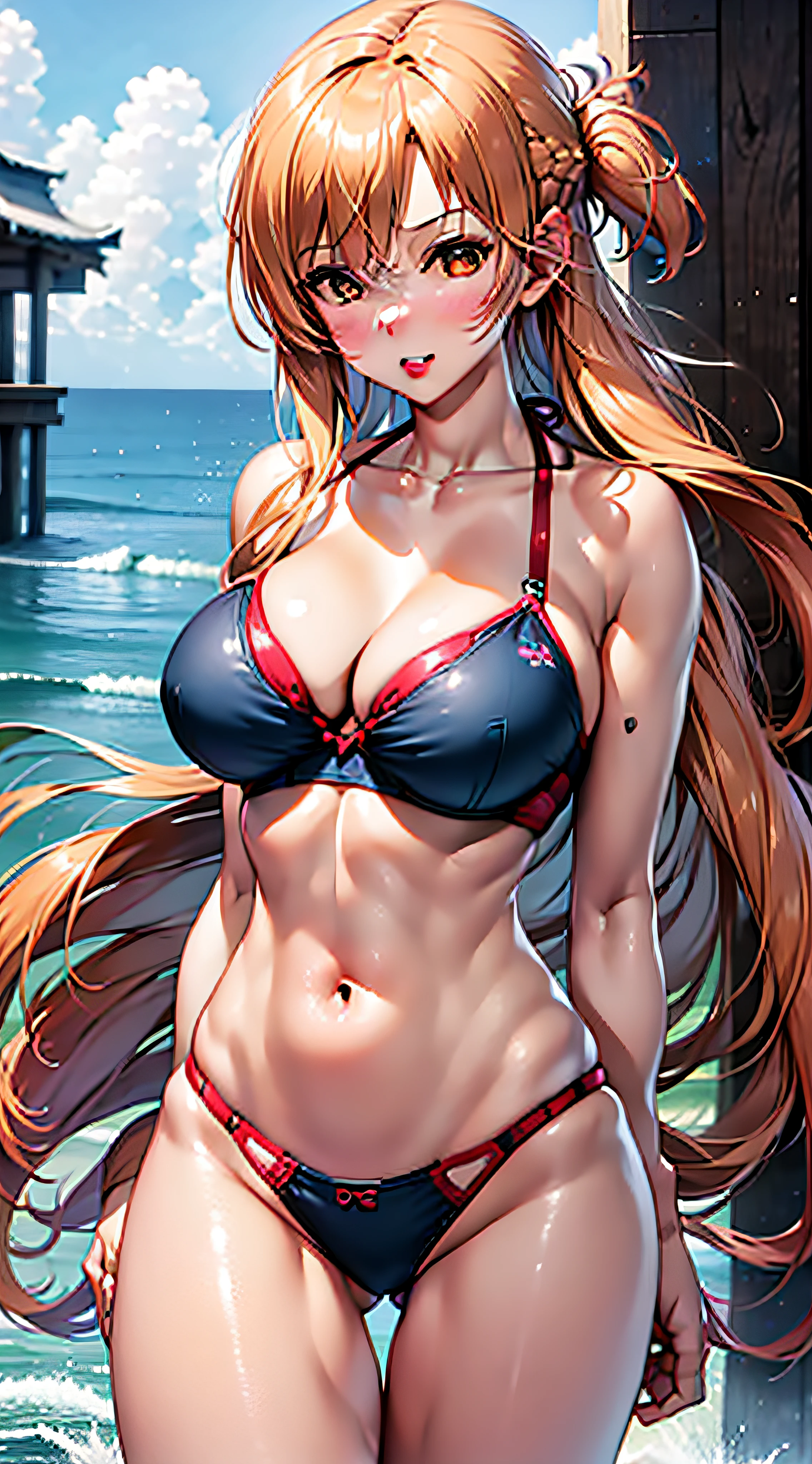 There's a woman in a pink bikini, Naughty Bikini, Japan Girl, Japan Women, Japan style, Margens, Praias cintilantes, mare, Water splashes are flying, Awkward bikini, Obscene bikini, foto retrato, Uma princesa, Inspirado em Nogizaka46, Deusa loira, menina morena bonita, menina oriental, obra-prima, A mais alta qualidade de imagem, alta qualidade, alto detalhamento, 超A high resolution, 8K resolution, profundidade de campos, Cinematography, detalhes intrincados, elaborar, meticuloso, Magnificent, Maximum detail, Beleza extrema, (((1girl em, sozinho))), 18 anos, cabelos longos, cabelos multicoloridos, pele branca, Realistic, masutepiece, (A mais alta qualidade de imagem), alta qualidade, alto detalhamento, 超A high resolution, o panorama, exquisite facial features, rosto perfeito, pele brilhante, Fundo de sonho, mulher, raparigas, angelic, mini meninas, deusas, bardo, Shy, surpreender, shoulder-length hair, cabelos dourados, sharp and clear focus, silhueta tridimensional, right proportions, Realistic portrait, Rosto em close-up, uma menina bonita muito temperamental, figura esbelta, exquisite facial features, cabelos longos escorrendo, cabelos pretos, extremely detailed hair description, (鎖骨), rosto perfeito, clean and flawless face, long eyelashes, sombra rosa claro dos olhos, covinhas rasas, corar, olhos grandes lacrimejantes cristalinos, creme delicado Pele brilhante como a pele, detalhes da pele, Escala CFG: 8,(Menina bonita com seios grandes e cabelo),(She wears a pink bikini、lips slightly apart,),(Because she's surrounded by splashes of water、Your belly button is visible), a dream-like atmosphere with vibrant colors and soft lighting,1girl em, seios grandes, umbigo, separated-lips