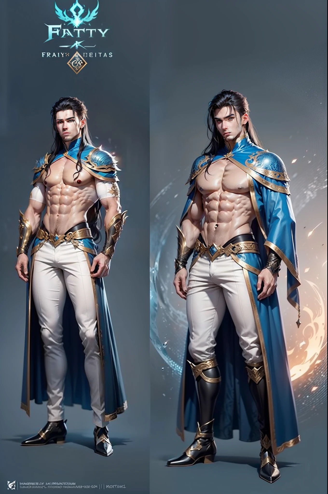 ice fantasy outfit, abs, character design sheet, different poses, different angles, 1boy, single, reference sheet, perfect face, hansome face, 1.85 tall, shaved, muscle body, athletic body. (Blue perfect eyes), (long hair), (long bangs), (black hair), (pale skin), background simple, handsome sharp features, masculine, muscular, manly