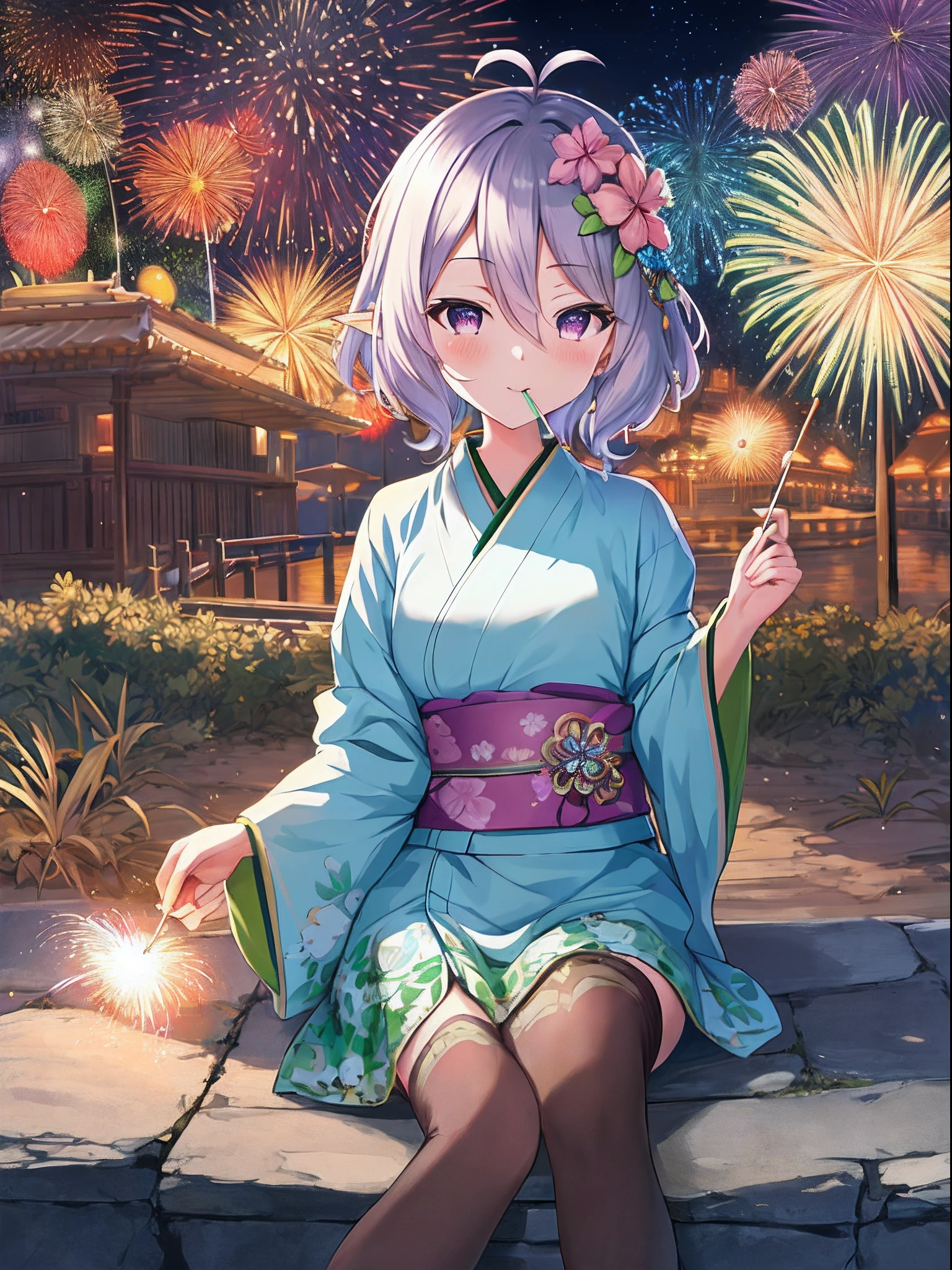 masterpiece, best quality, ultra-detailed, illustration, 8k resolution concept art, fantasy art, epic art, concept art wallpaper 4k, deep color, kokkoro, small boobs, yukata, watching fireworks, eating festival lollipop, pov