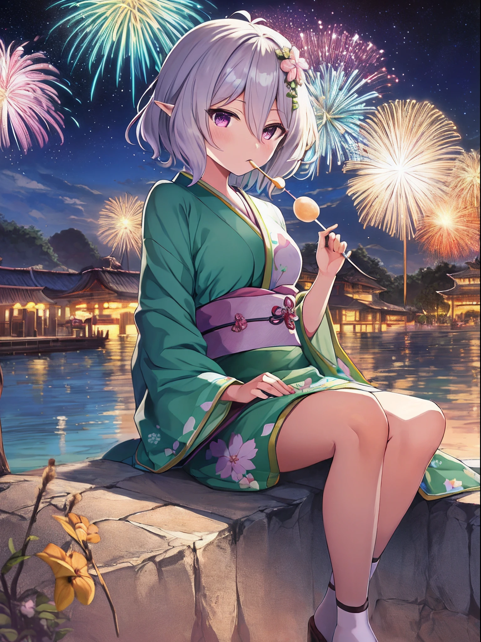 masterpiece, best quality, ultra-detailed, illustration, 8k resolution concept art, fantasy art, epic art, concept art wallpaper 4k, deep color, kokkoro, small boobs, yukata, watching fireworks, eating festival lollipop, pov