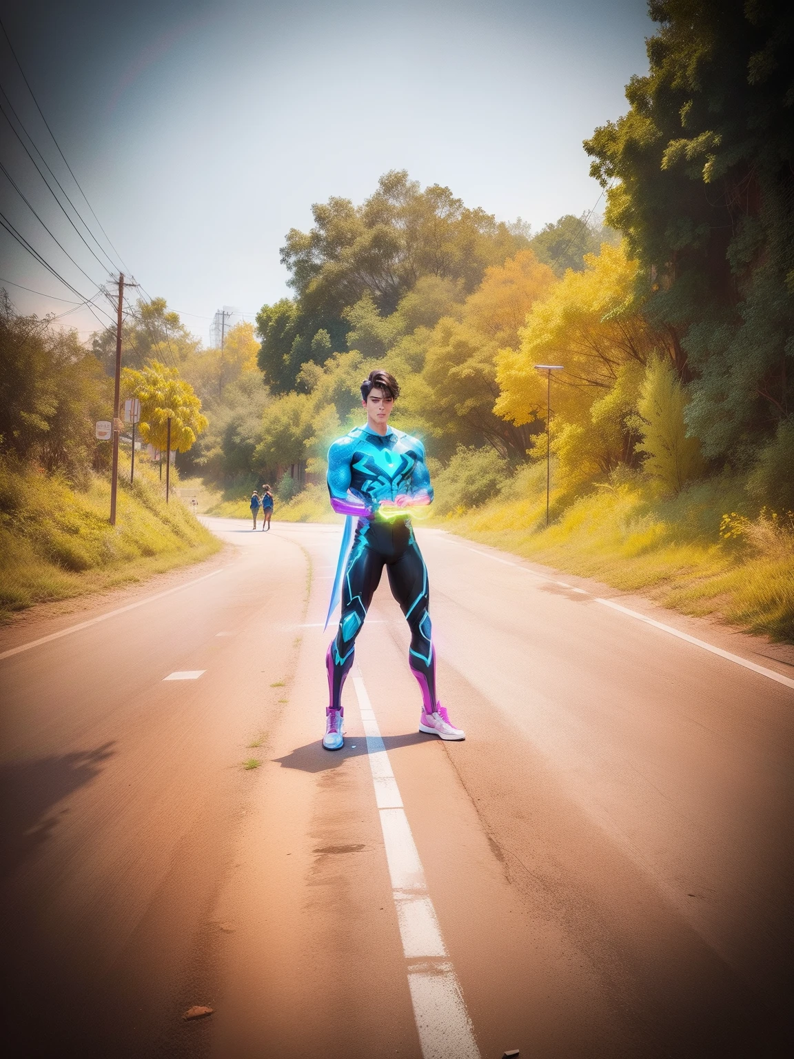 Change background neon background super hero handsome boy realistic