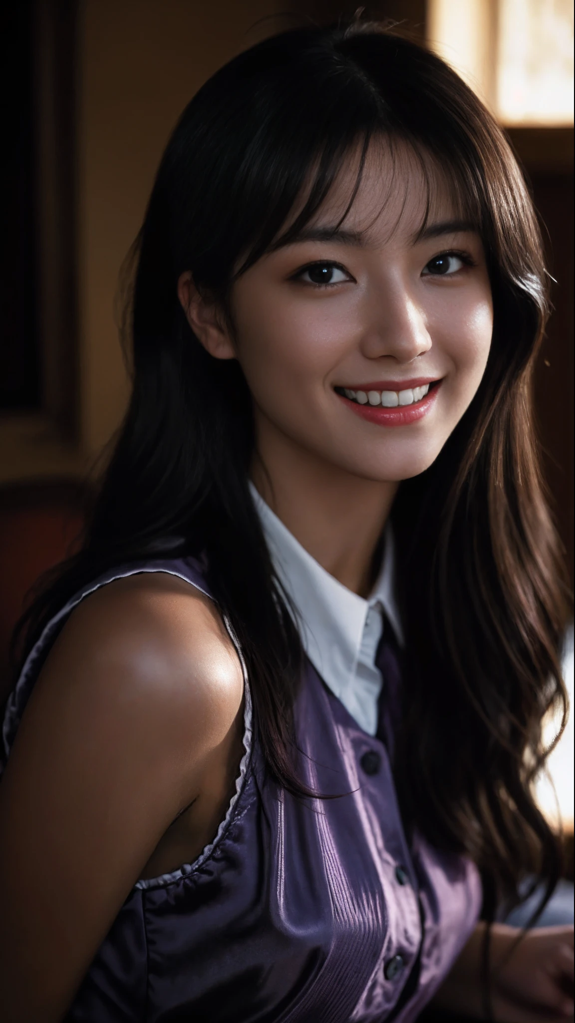 ...primitive, simulating, Nikon Z 85mm, award-winning glamour photograph, ((Best quality)), ((Masterpiece)), ((hentail realism)), 18th century, Vintage pictures, Imagen, a 18 year old girl, Black eyes, Purple collared shirt, Long curly yellow hair, Natural skin,((light grin)) ,Glowing lips, Dark brown background, detailedfacialfeatures, High detail, Sharp focus, Silky, Aesthetic, Extremely detailed, A photograph_\(Supergianthugebreasts\), Photorealistic, Realism, Post-processing, max detail, Roughness, Real life, hyper realisitc, Photorealism, Photography, 8K UHD, Photography, Semi-silhouette light, russian face,Skin light, Octane rendering,
