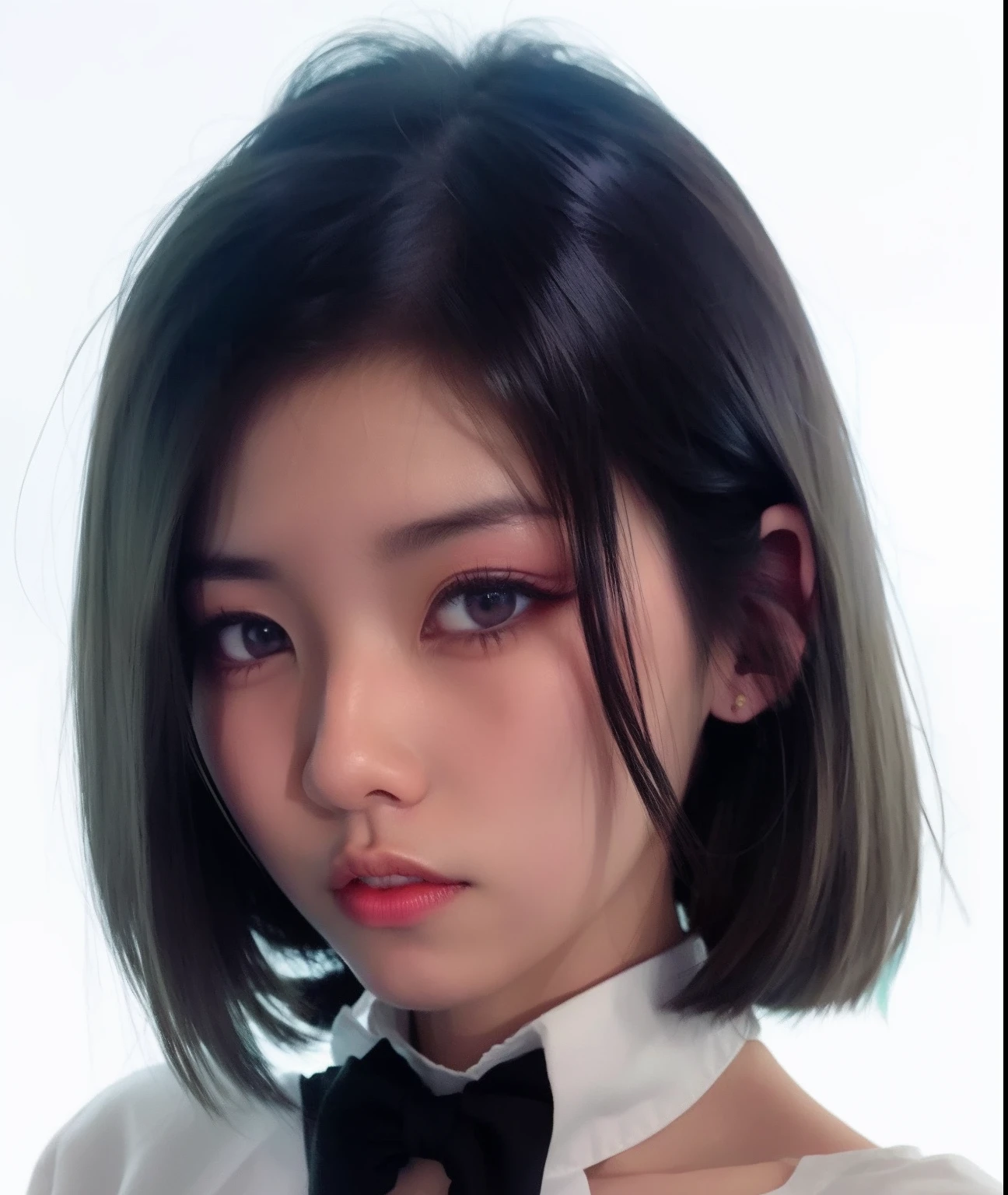 Imagen de una mujer con pajarita y camisa blanca, Anime Thai Girl, Retrato de Jossi de Blackpink, con el pelo corto, Foto de perfil de la foto de cabeza, Yanjun Chengt, inspirado por Yanjun Cheng, Modelo IG | Artgerm, Sakimichan, Peinado blanco de corte hime, Xision Wu, Sakimichan Frank Franzzeta