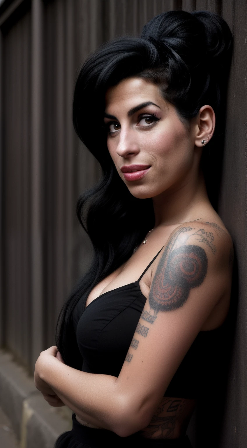 Introducing Amy Winehouse through a 50mm photographic lens. A imagem retrata sua autenticidade crua, similar to Diane Arbus's approach. Amy stands against a graffiti-covered wall, mostrando sua personalidade vibrante contra a garra urbana. Colors are slightly desaturated, enfatizando o contraste. Seu sorriso reflete desafio, accentuated by the dramatic lighting of chiaroscuro. The atmosphere seems both candid and attractive.