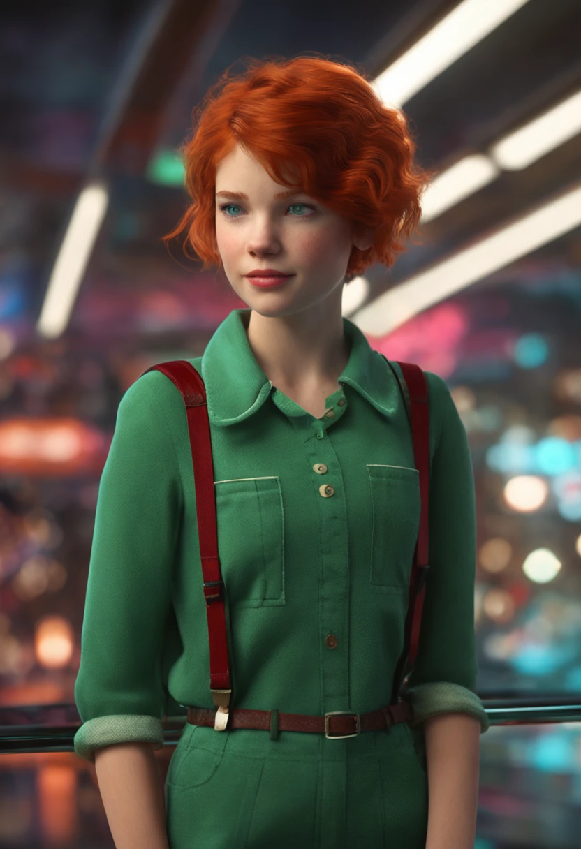 short haired redhead girl, she is beautiful and has blue eyes, she is , her hair is red, she wears a green school outfit