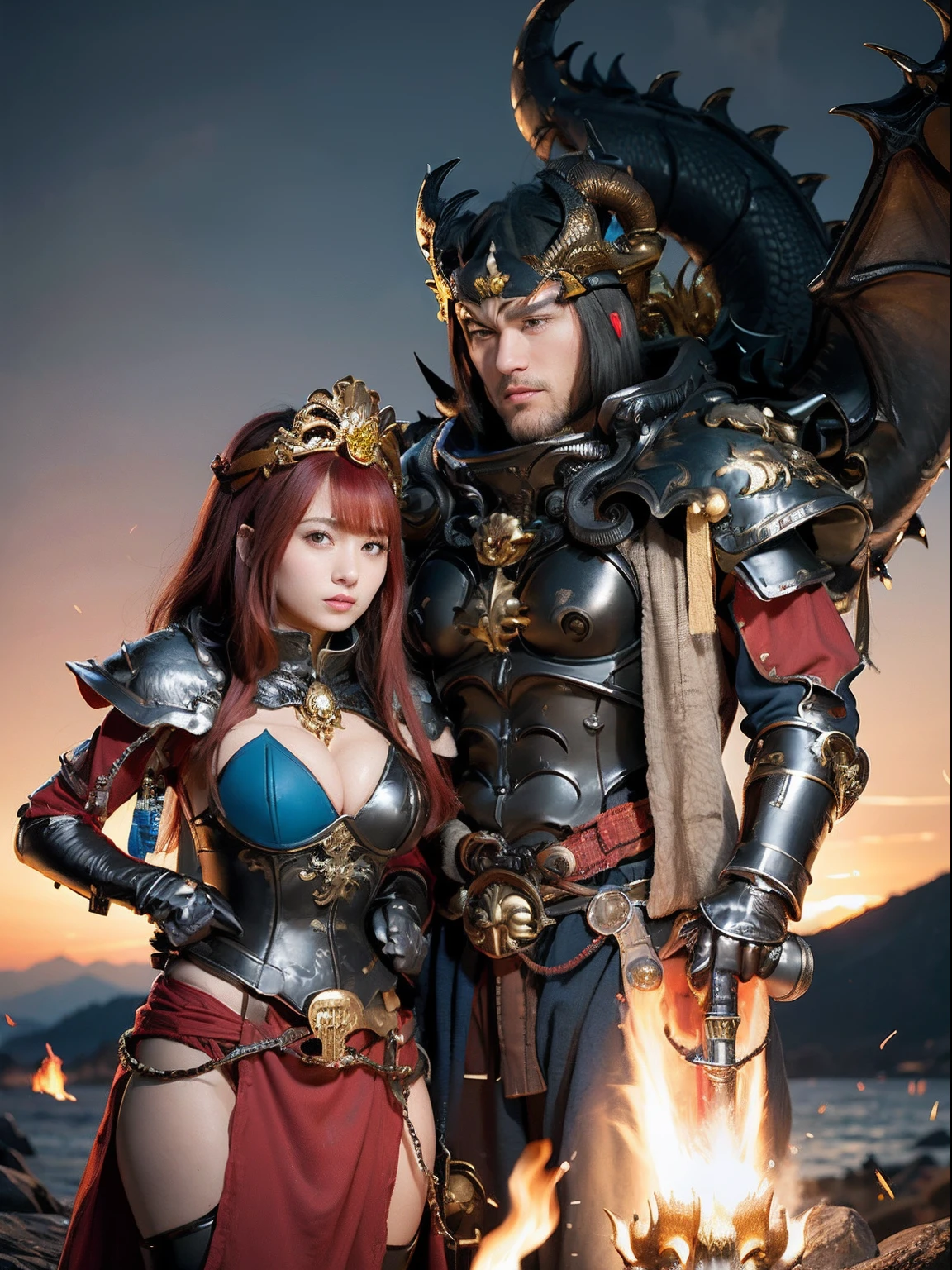 Professional , masterpiece、top-quality、photos realistic , depth of fields 、(Dragon Blue Metal Body:1.9),(Enamel purple、(cleavage of the breast)、Mystical expression、Dragon Gold Weapon、(Red Micro Bikini Armor:1.4),Gorgeous gold weapons ,Particles of light、(( Dragon's dense and gorgeous sword)) , (demonic wings)、((a blond))、(Castle background)、((Gangle's forest background))、((Fight dragons))、Beautiful Caucasian beauty、1a person、dynamic ungle,(((Detailed and ornate dragon helmet)))、Smaller head、A smile、Castle background、Thin and beautiful female hands、cleavage of the breast、Soldier in iron armor on background、Mystical expression、Light Effects、intense fighting、Wind-effect、magic circles、With the legendary magic wand、Dragon's tail、explosions、Anatomically correct body、