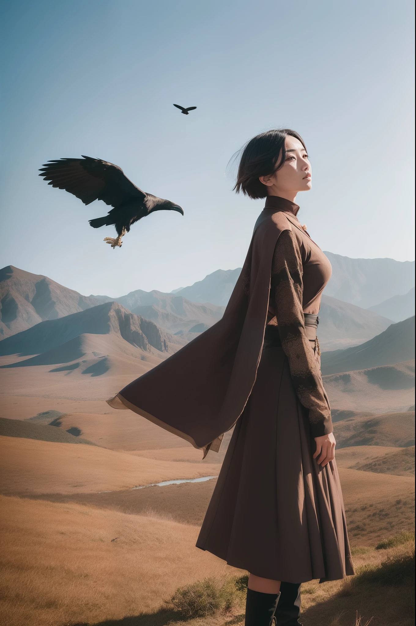 A woman with short hair in an exaggerated costume，and freckles on his face，Stand on the vast wilderness，Circling ravens，liberta，Photographer Zhang Jiacheng's photographic style，Stage play effect，Bright and witty vintage tones，4k画质，Oriental aesthetics，ultra-realistic realism