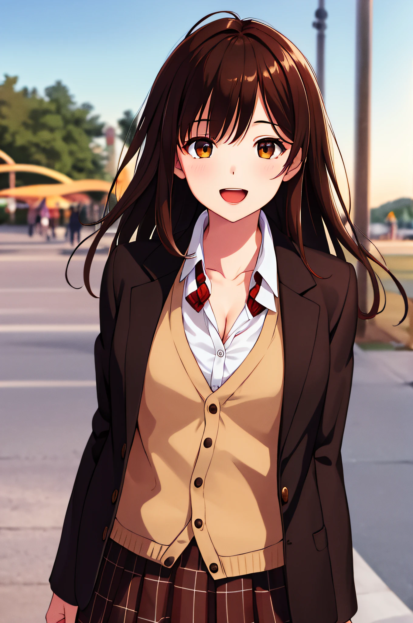 ​masterpiece, top-quality, hight resolution, 1girl, brown haired, length hair, bangss, brown-eyed, medium chest, red bowtie, 校服, Black jacket, Open jacket, Brown cardigan, white  shirt, a black skirt, Plaid skirt, a smile, open open mouth, Arms behind, Slouched, An amusement park,The button is unbuttoned and cleavage is visible,Ear-piercing