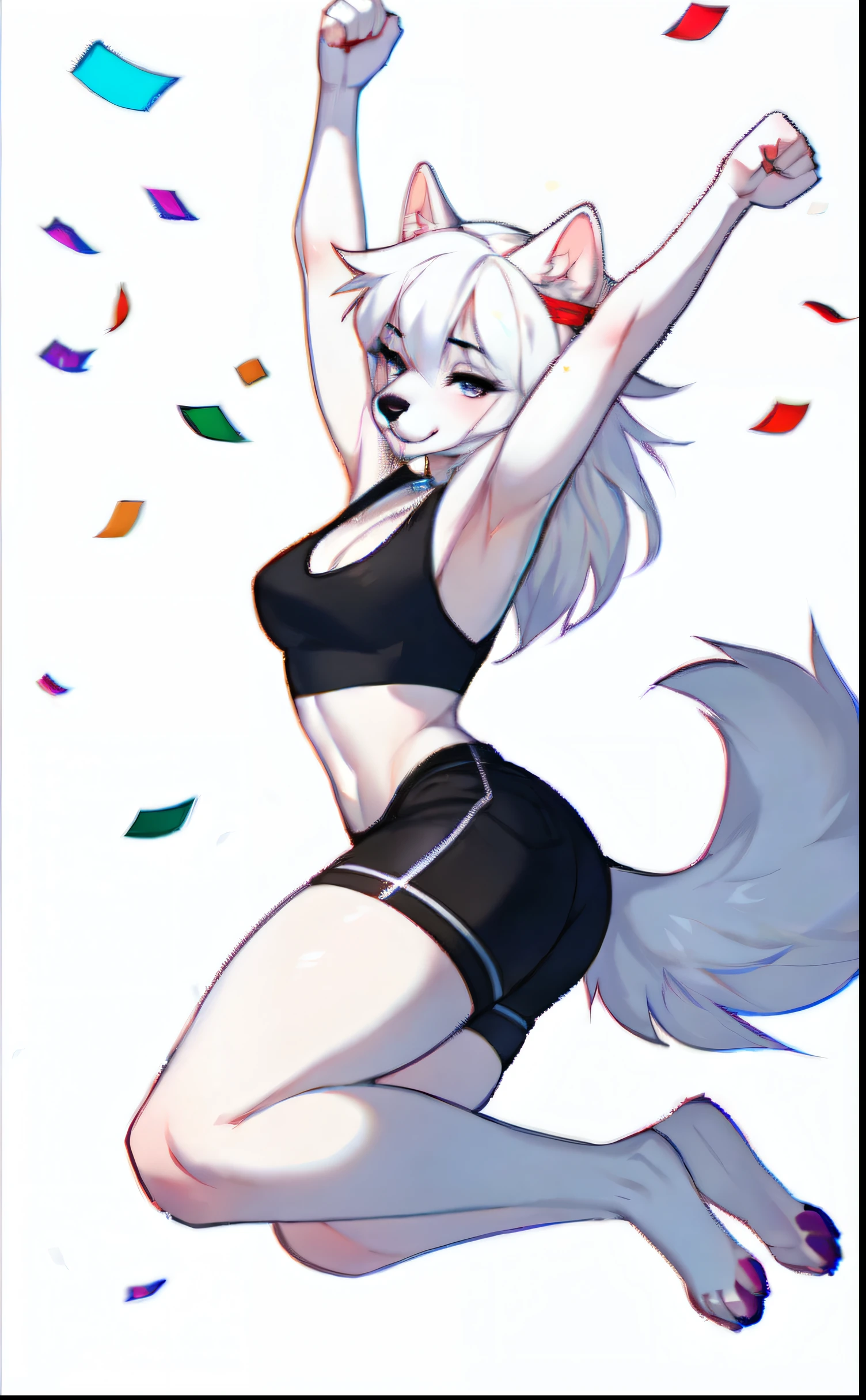 A female furry white wolf, long white hair, closed eyes, sharp focus, black nose, cute snout, white wolf tail, white fluffy ears, medium breasts, by hyattlen, by claweddrip, by fumiko, white background, wearing tank top, black shorts, barefoot, paws, 4 toes, excited, confetti everywhere, jumping, fist in air, clenched fists, high quality, best resolution, good anatomy, good proportions,