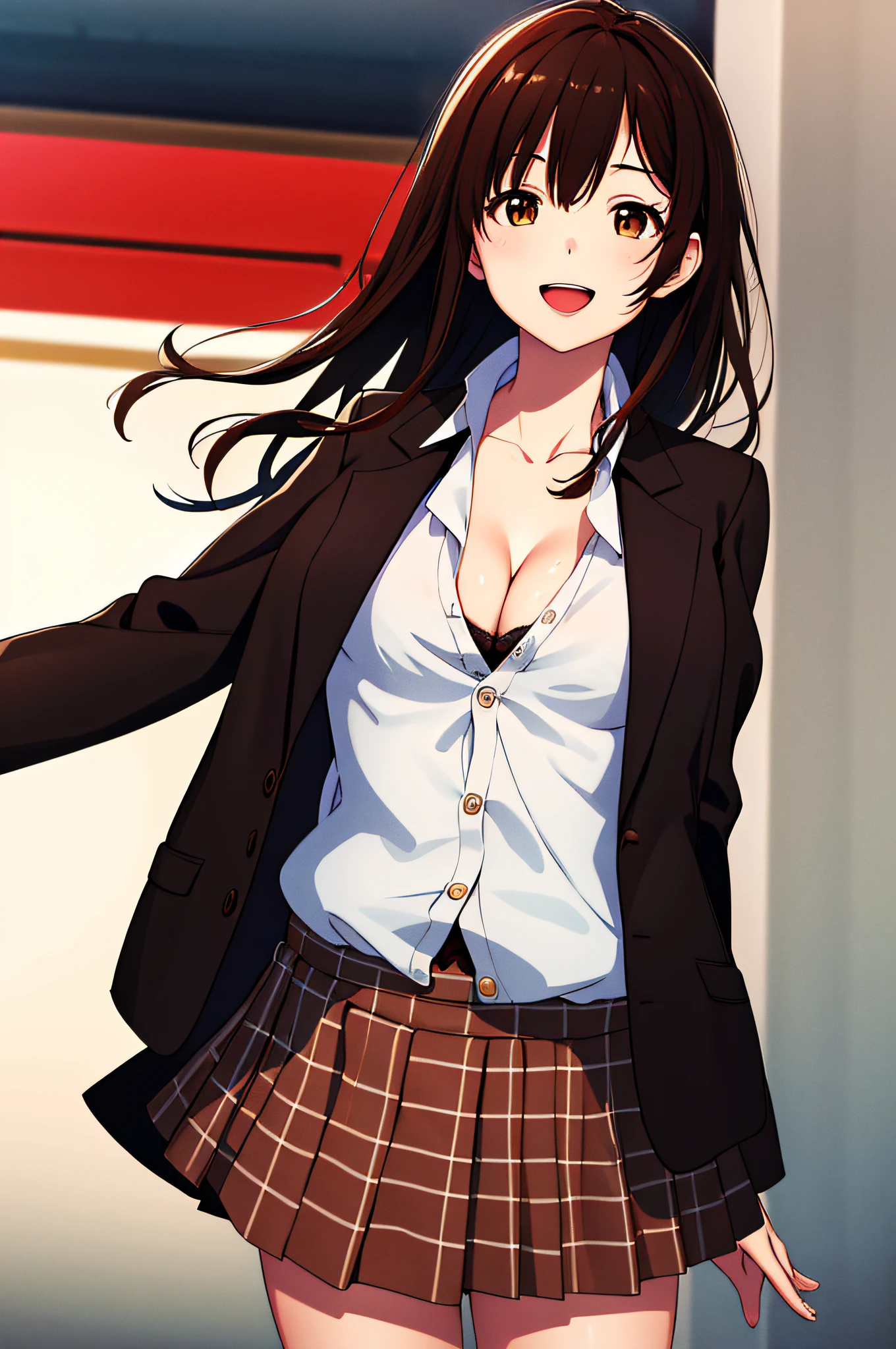 masterpiece, top-quality, hight resolution, 1girl, brown haired, length hair, bangss, brown-eyed, medium chest, red bowtie, 校服, Black jacket, Open jacket, Brown cardigan, white shirt, a black skirt, Plaid skirt, a smile, open open mouth, Arms behind, Slouched, An amusement park,The button is unbuttoned and cleavage is visible,Ear-piercing