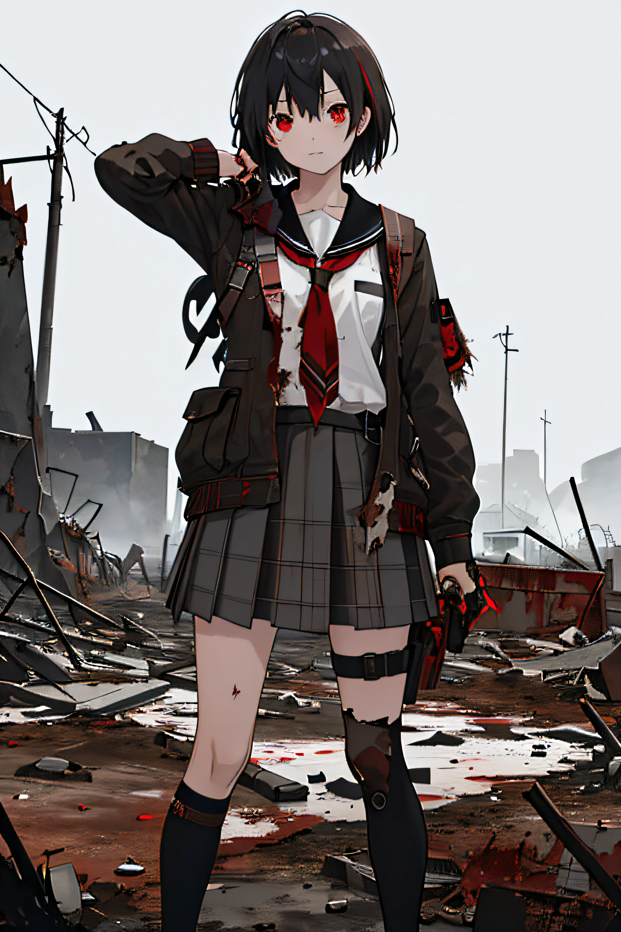 High school girl drawn in high resolution、Stand in the devastated landscape of a post-apocalyptic world。Her figure is represented by a dark gray and rusty red color palette.、There is a white background behind。in the style of dark fantasy、The contrasting elements of the devastated environment and the schoolgirl stand out。The texture of broken concrete colors the surrounding landscape、You can also see rusted metal and desolate land textures。The form of a girl is、Painted with sharp contrasting lines and broken outlines、The sharp angle symbolizes her strength and hope。Her expression has、There is strength and hope to overcome difficulties.、The sight is impressive.。White simple background like movie poster