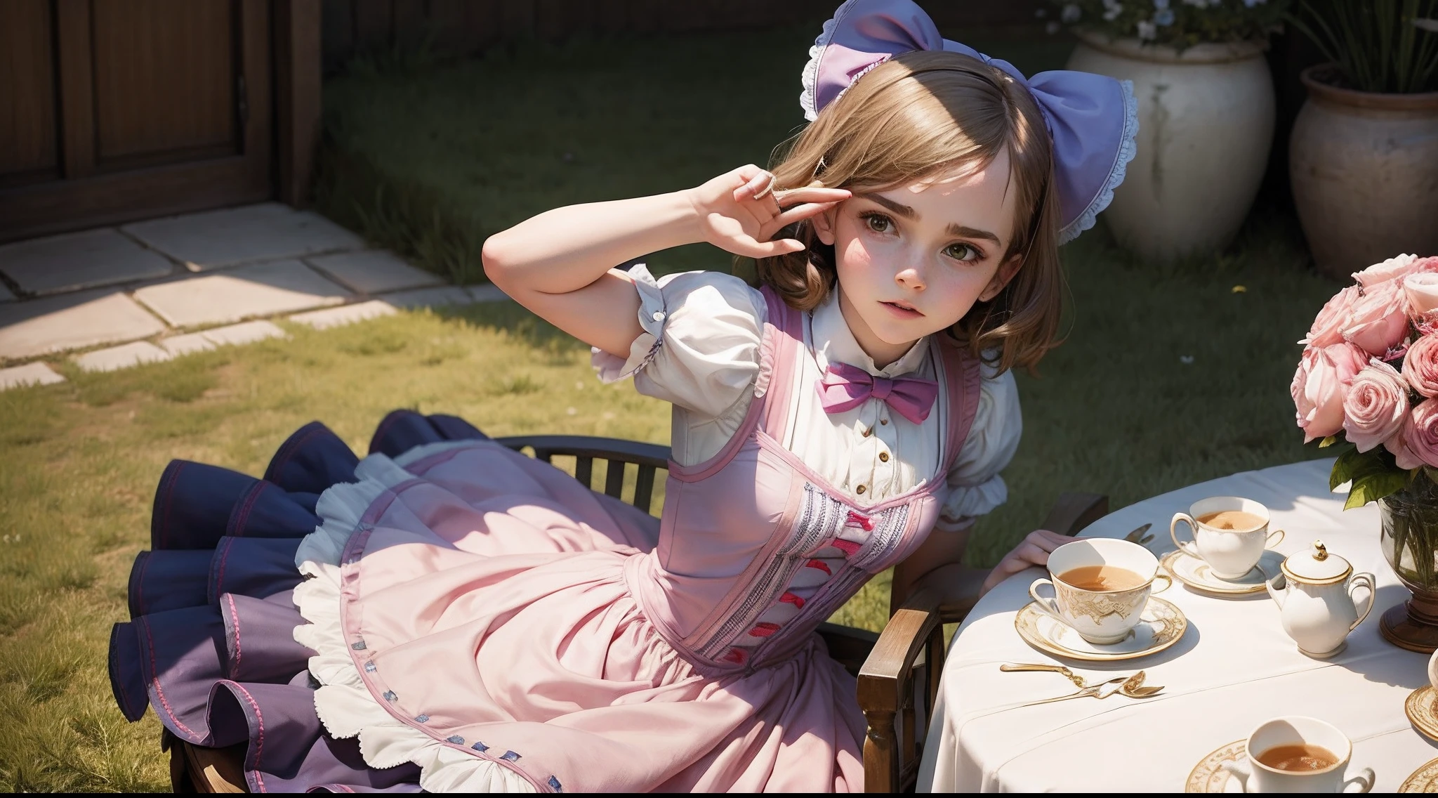 twins ten Emma Watson dressed as Alice in Wonderland looking at her reflection in a very large mirror on the wall.