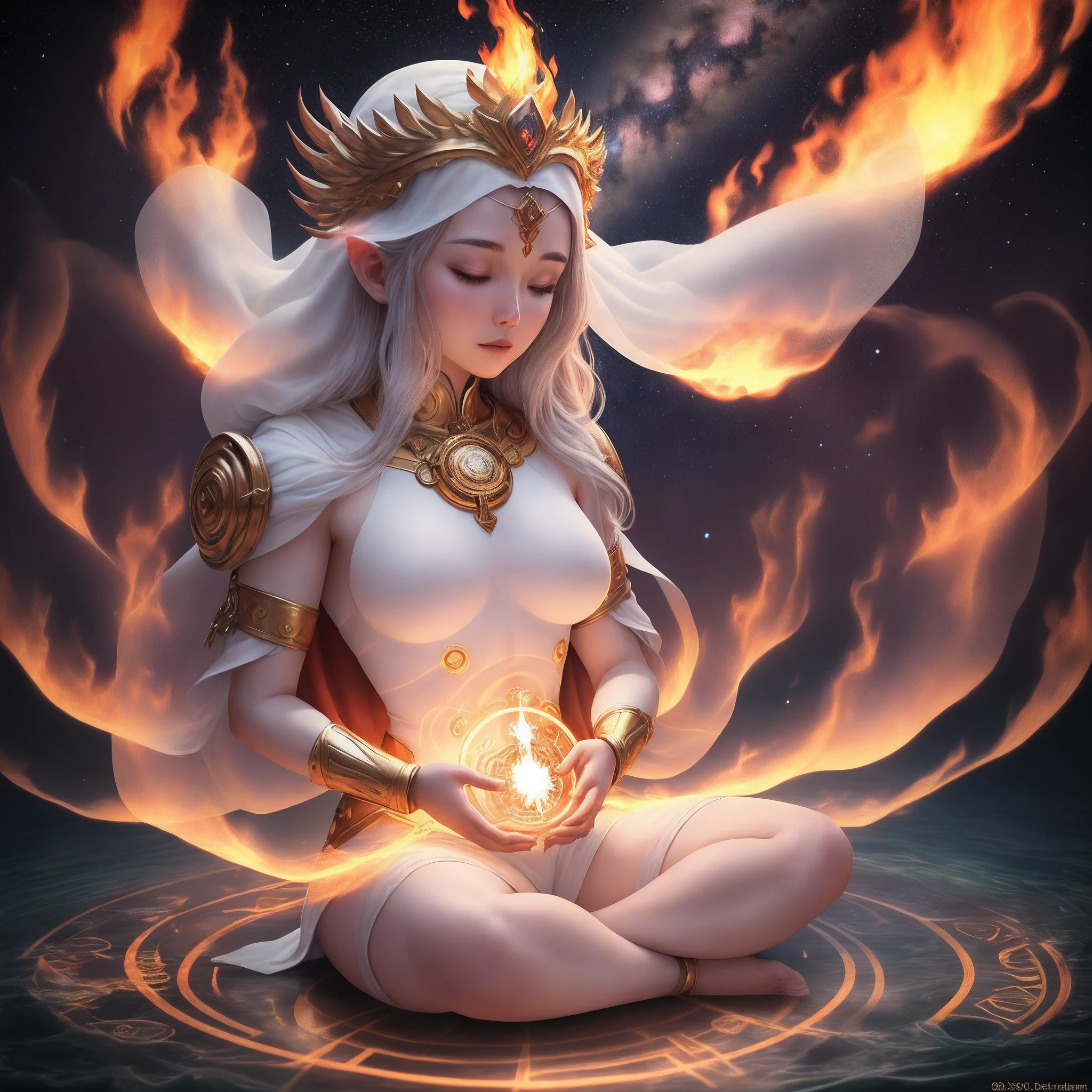 Immortal god, super handsome, 8k, super big chest, meditating, light white cloth covering part of her body, sitting cross-legged, golden glowing magic circle rotating behind her, magical aura surrounding her parts, magical, fantasy, milky way background, (4 elements, fire, water, wind, earth, surround it),