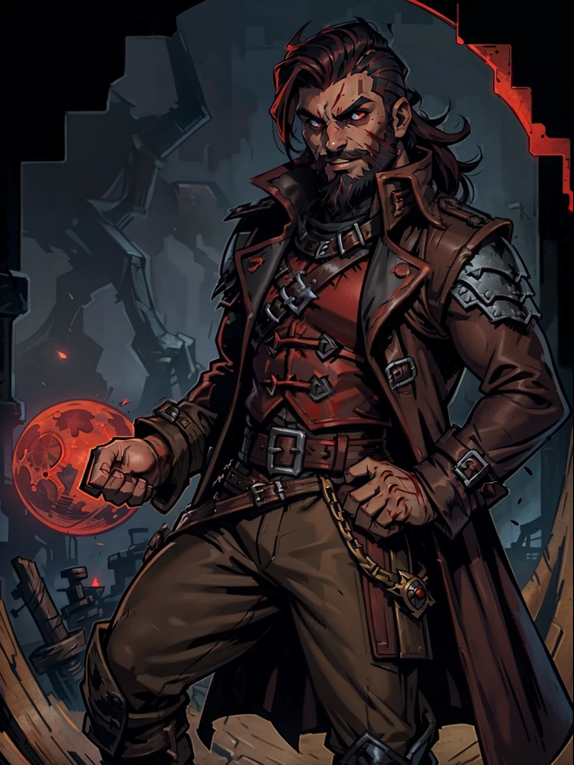 Darkest dungeon style, one man, hunk, sorcerer, shoulder long hair, cruel face, short beard, glowing red eyes, dark blue hair, wearing big green classy coat, red shirt, dragon scales