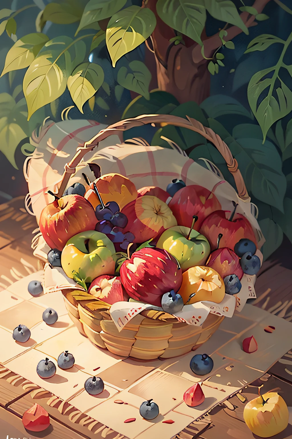 Illustration of one of a basket with apples and blueberries, uma cesta de frutas, frutas em uma cesta, cesta de frutas, Fruitful, estilo arcane, anime, sharpened details, Directed by: Laszlo Balogh, um pitoresco, Directed by: John Valentiny