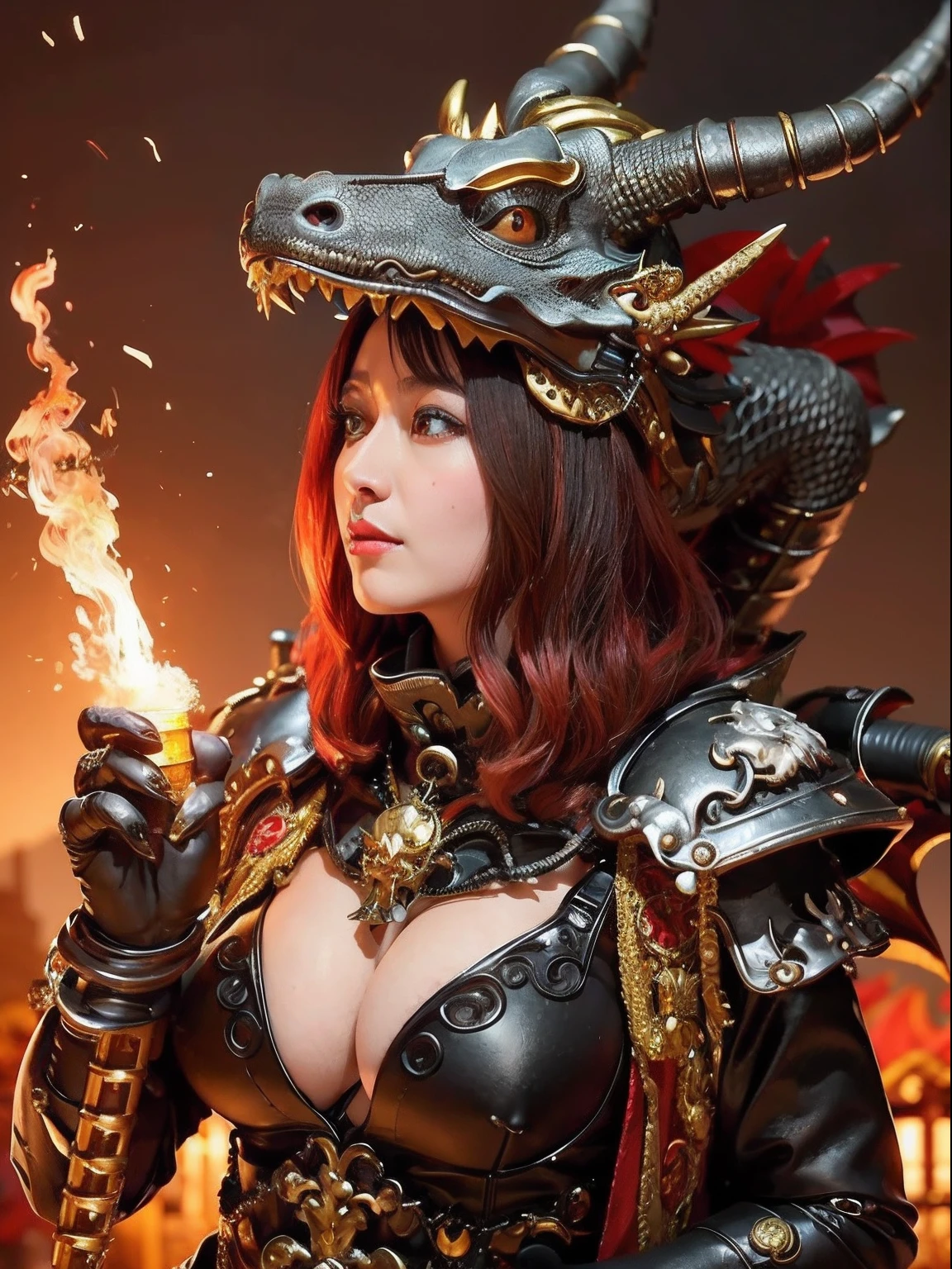 Professional , ​masterpiece、top-quality、photos realistic , depth of fields （Gemstone Black Metal Body:1.９),(Enamel Black、（cleavage of the breast）、（Chinese Dragon）、Mystical expression、Dragon Gold Weapon（Dragon Metal Body:1.４),Gorgeous gold weapons ,（（ Dragon's dense and gorgeous sword）） ,  、blood splashing、  ,warhammer 40k , adepta sororitas,Detail and gorgeous crown、（（Brown hair））、（The dragon）、（Castle background）、The dragon、（（Gangle's forest background））、Beautiful Caucasian beauty、（１a person）、dynamic ungle,(((Detailed and ornate dragon helmet)))、Smaller head、A smile、Castle background、Thin and beautiful female hands、cleavage of the breast、Mystical expression、Light Effects、Wind-effect、magic circles、With the legendary magic wand、（demonic wings）、Toostock、