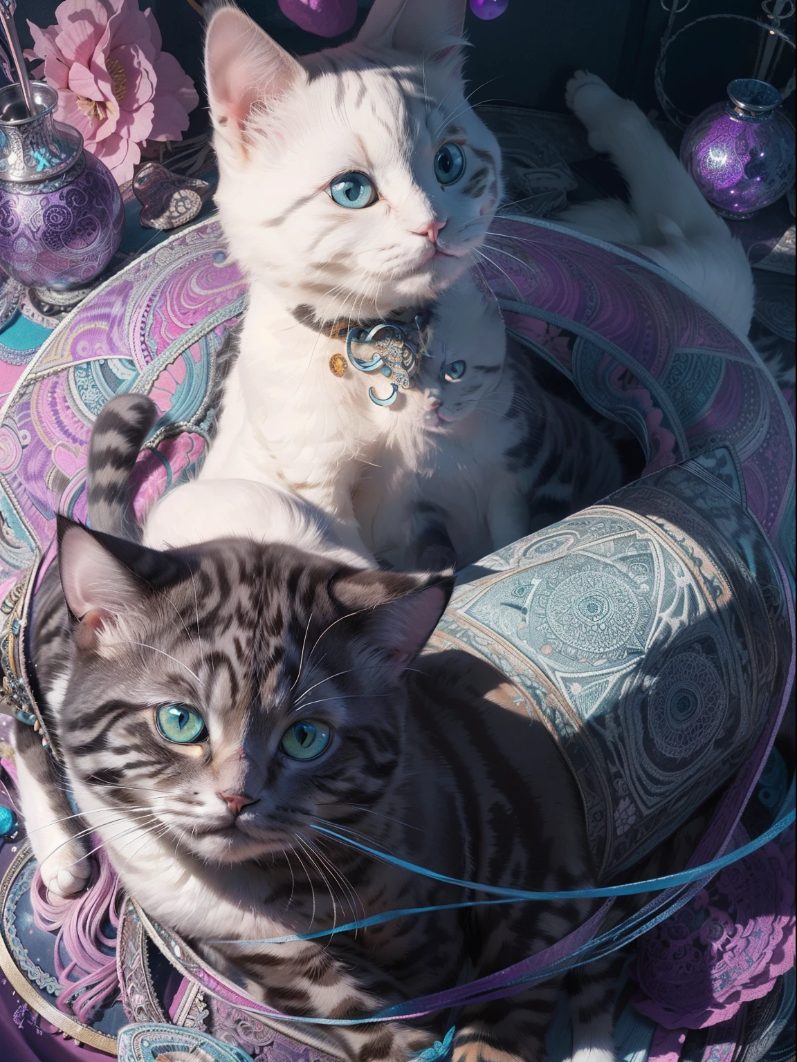 official art, unity 8k wallpaper, ultra detailed, beautiful and aesthetic, masterpiece, best quality, realistic, (zentangle, mandala, tangle, entangle), pov from above, (cute cat:1.5), extremely detailed, dynamic angle, the most beautiful form of chaos, elegant, a brutalist designed, vivid colours, romanticism, zhongfenghua