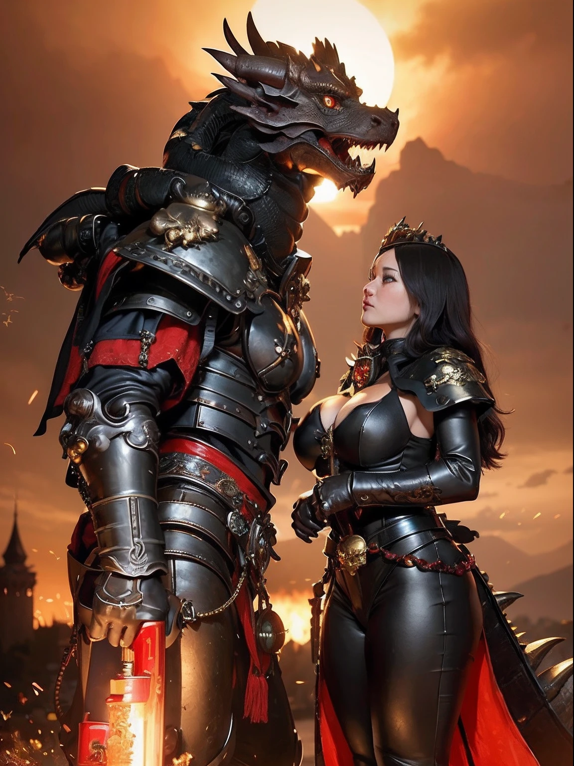 Professional , ​masterpiece、top-quality、photos realistic , depth of fields （Gemstone Black Metal Body:1.９),(Enamel Black、（cleavage of the breast）、（Chinese Dragon）、Mystical expression、Dragon Gold Weapon（Dragon Metal Body:1.４),Gorgeous gold weapons ,（（ Dragon's dense and gorgeous sword）） ,  、blood splashing、  ,warhammer 40k , adepta sororitas,Detail and gorgeous crown、（（Brown hair））、（The dragon）、（Castle background）、The dragon、（（Gangle's forest background））、Beautiful Caucasian beauty、（１a person）、dynamic ungle,(((Detailed and ornate dragon helmet)))、Smaller head、A smile、Castle background、Thin and beautiful female hands、cleavage of the breast、Mystical expression、Light Effects、Wind-effect、magic circles、With the legendary magic wand、（demonic wings）、Toostock、