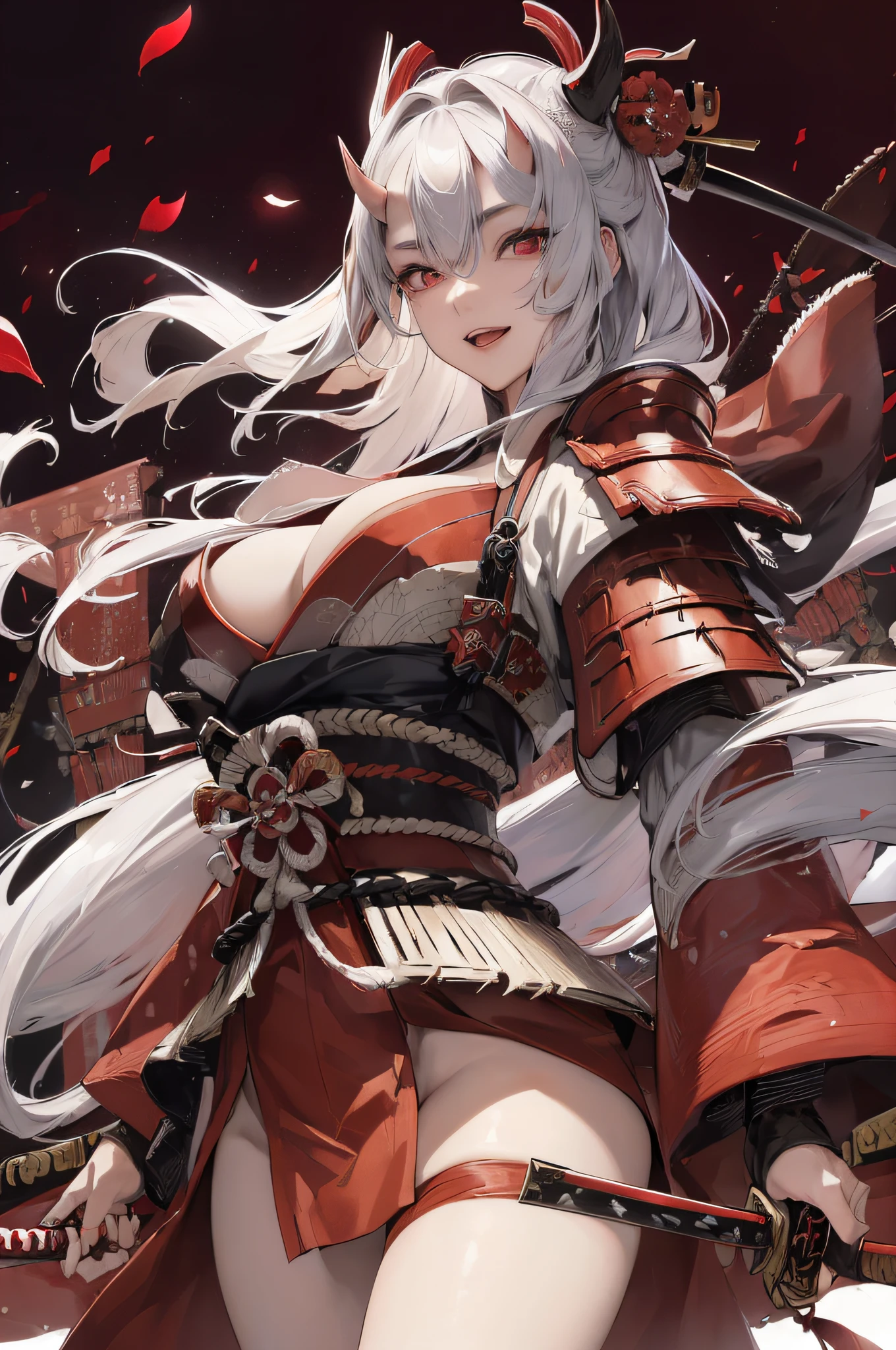 Official art, masterpiece, Sharp Focus, (Beautiful gorgeous cute Japan woman:1.3), (Beautiful cute Japan woman:1.3), Delicate Beautiful Hair and Eyes and Face, Realistic, Ultra-detailed, Beautiful Girl, From below, Dramatic Lighting, Night, An ancient Japan town, bonfire, Red petals, Nice big breasts and big hips, Smile with teeth, (Smile with eyes, open both eyes), Scenery, Long straight hair, sexy facial expression, Dynamic Hair, Detailed platinum silver hair, (Red Japanese style armor), (red horns), dark backgrounds, ((holding samurai sword)), Long sword, Red Sword, Red Eyes, (Walking), soldier, accurate fingers, accurate hands