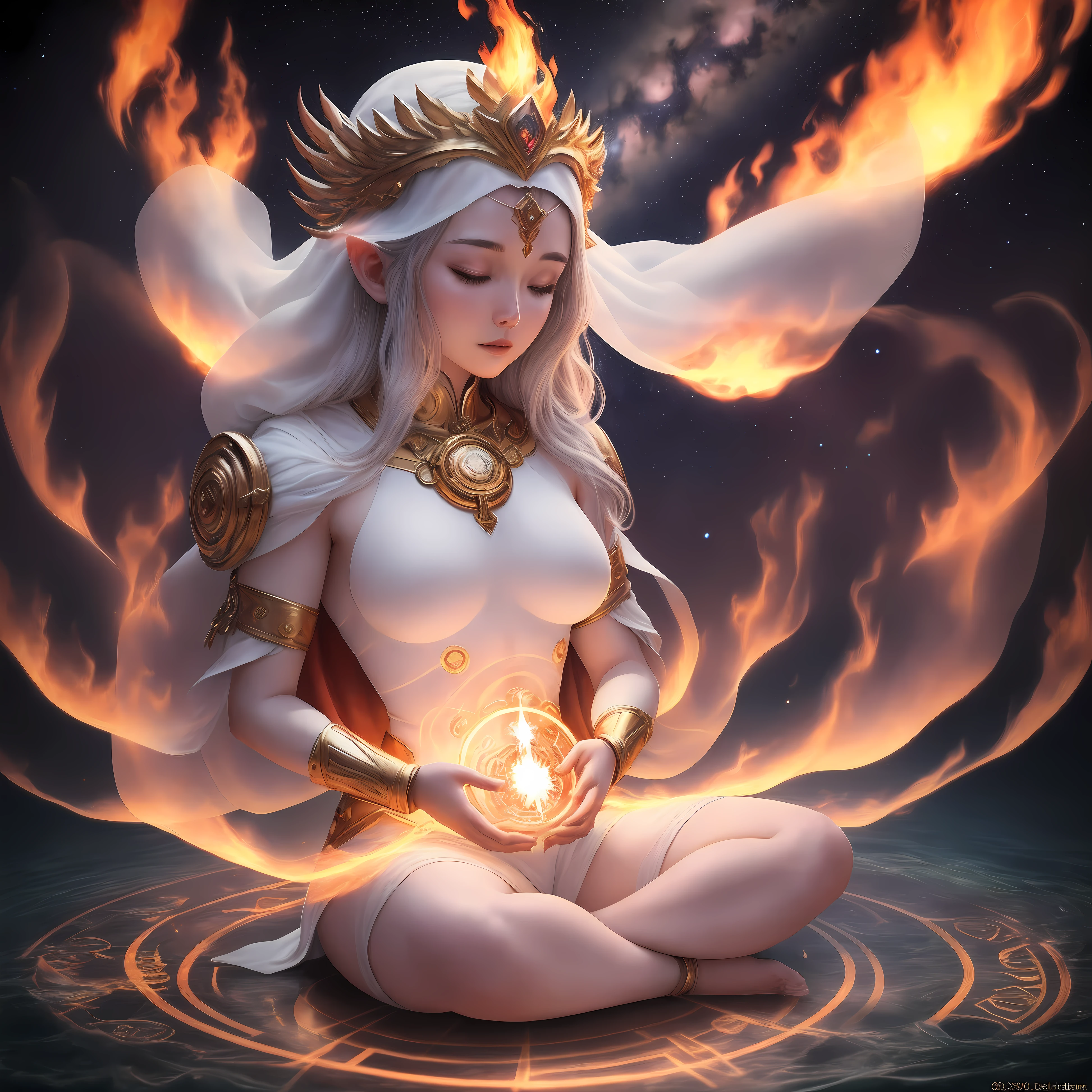 Immortal god, super handsome, 8k, super big chest, meditating, light white cloth covering part of her body, sitting cross-legged, golden glowing magic circle rotating behind her, magical aura surrounding her parts, magical, fantasy, milky way background, (4 elements, fire, water, wind, earth, surround it),