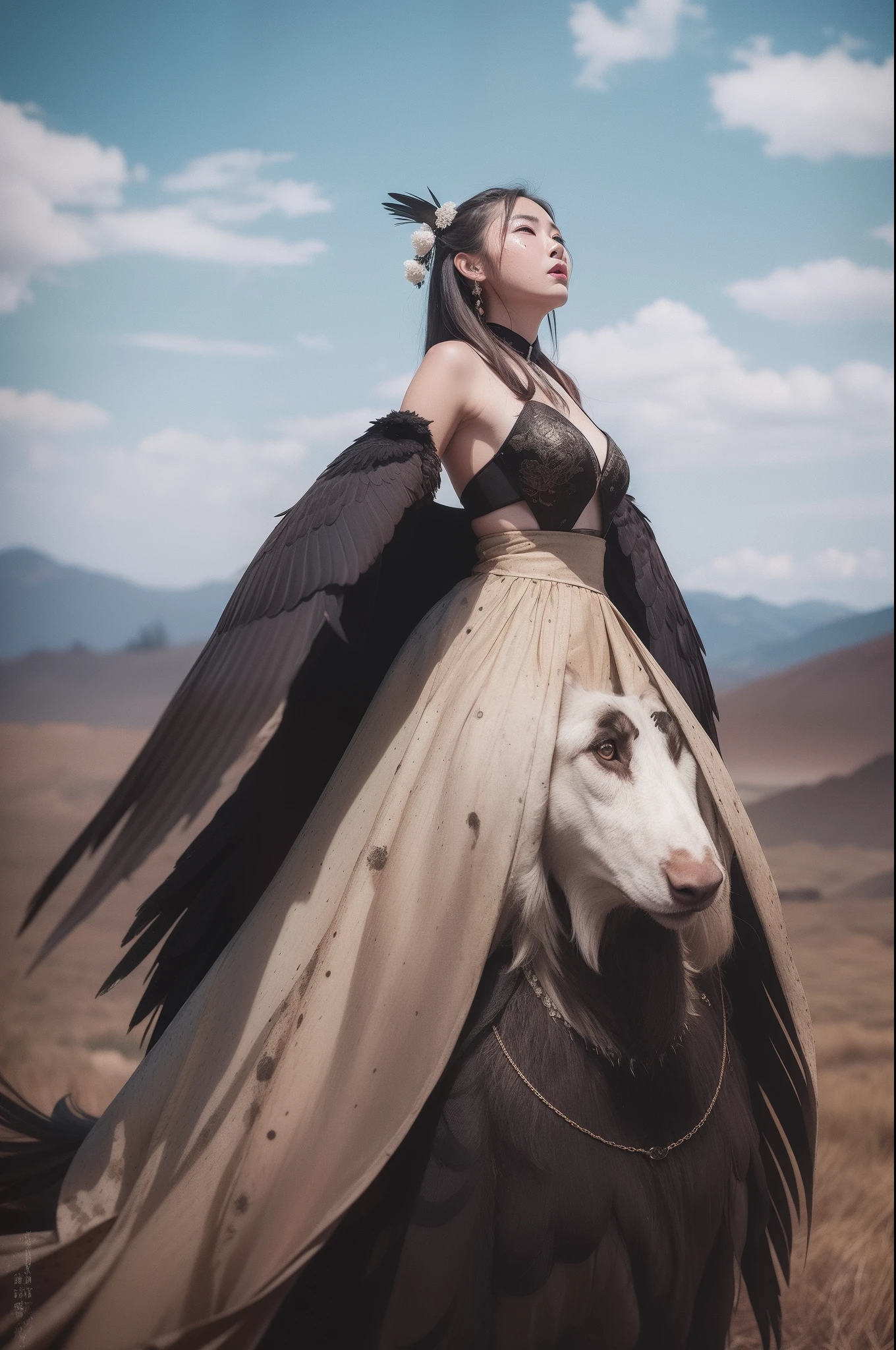Woman in exaggerated dress，and freckles on his face，Stand on the vast wilderness，Circling ravens，liberta，Photographer Zhang Jiacheng's photographic style，Stage play effect，Bright and witty vintage tones，4k画质，Oriental aesthetics，ultra-realistic realism