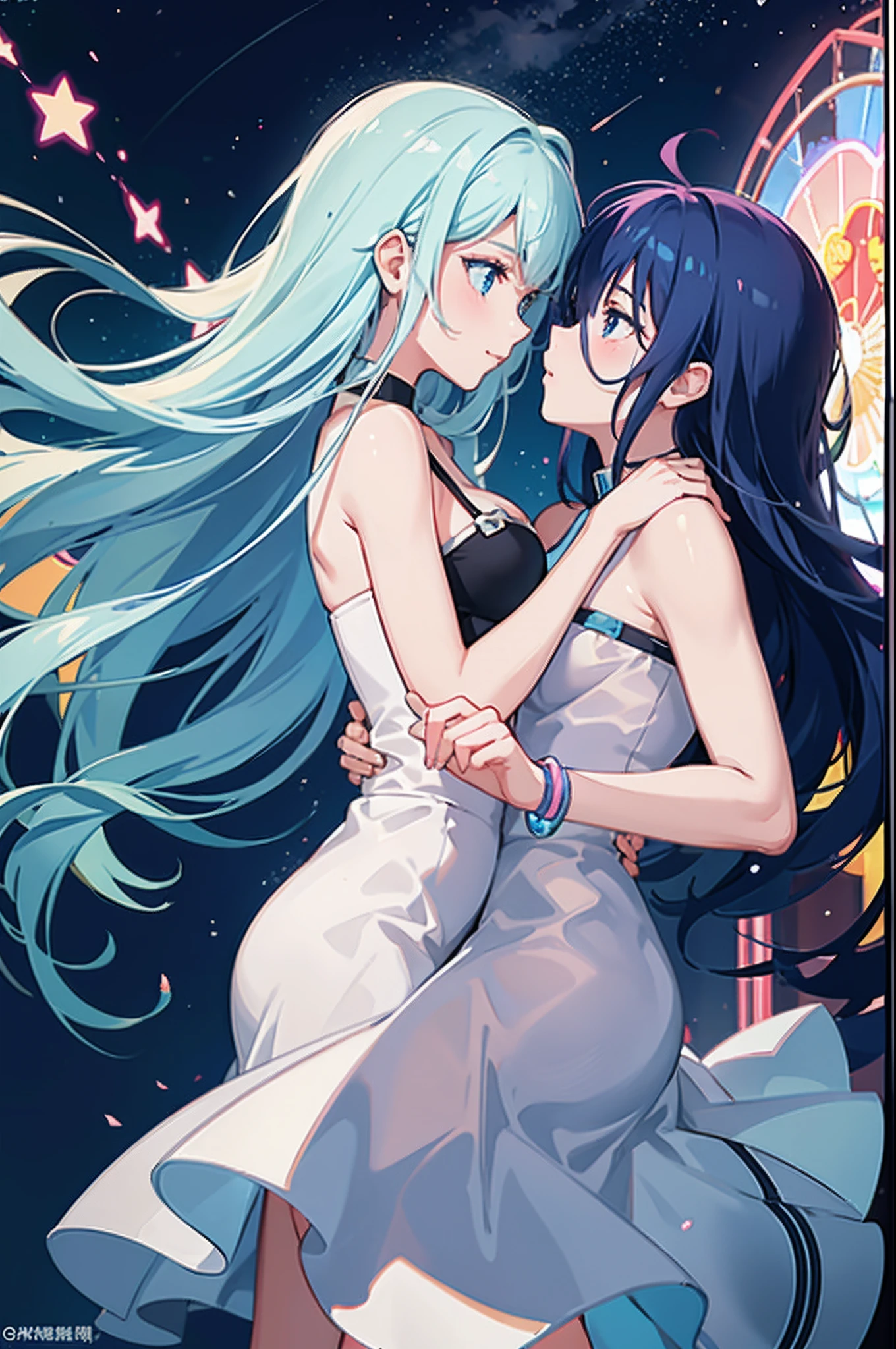 Romantic couple kissing in the wind,Blue-haired boy,Girl with pink hair,glowing stars,Glow effects,Heart-shaped bubbles,the night,playground,he Ferris wheel,The face is clear and accurate,detail in face,super-fine,16K resolution,high qulity,电影灯光,High picture detail,dynamic viewing angle,Detailed pubic hair,Epic shooting,oc rendered
