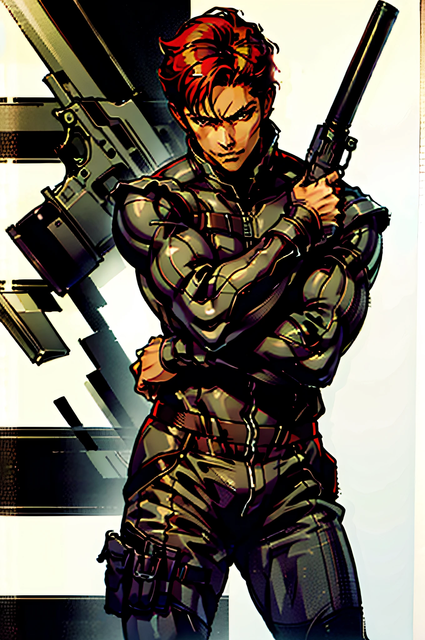 top-quality、​masterpiece、Man with red short hair and brown eyes、Holding a firearm in a racing suit