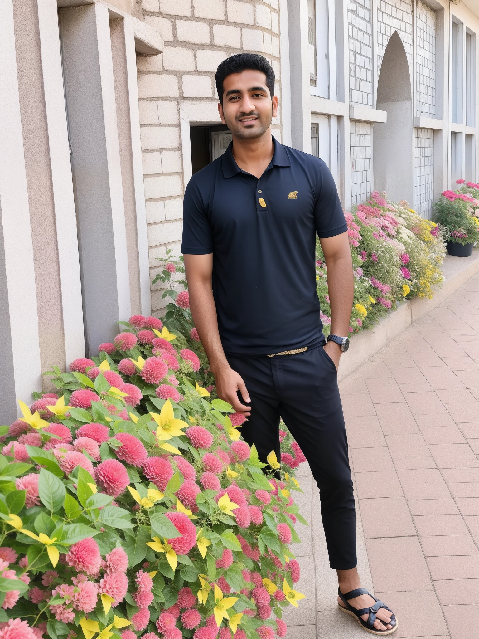 arafed man standing in front of a building with flowers, with flowers, full body photogenic shot, mohamed chahin, nivanh chanthara, thawan duchanee, john jude palencar, full body picture, in city street, in sunny weather, he is! about 3 0 years , casual photography, mohamed chahin style