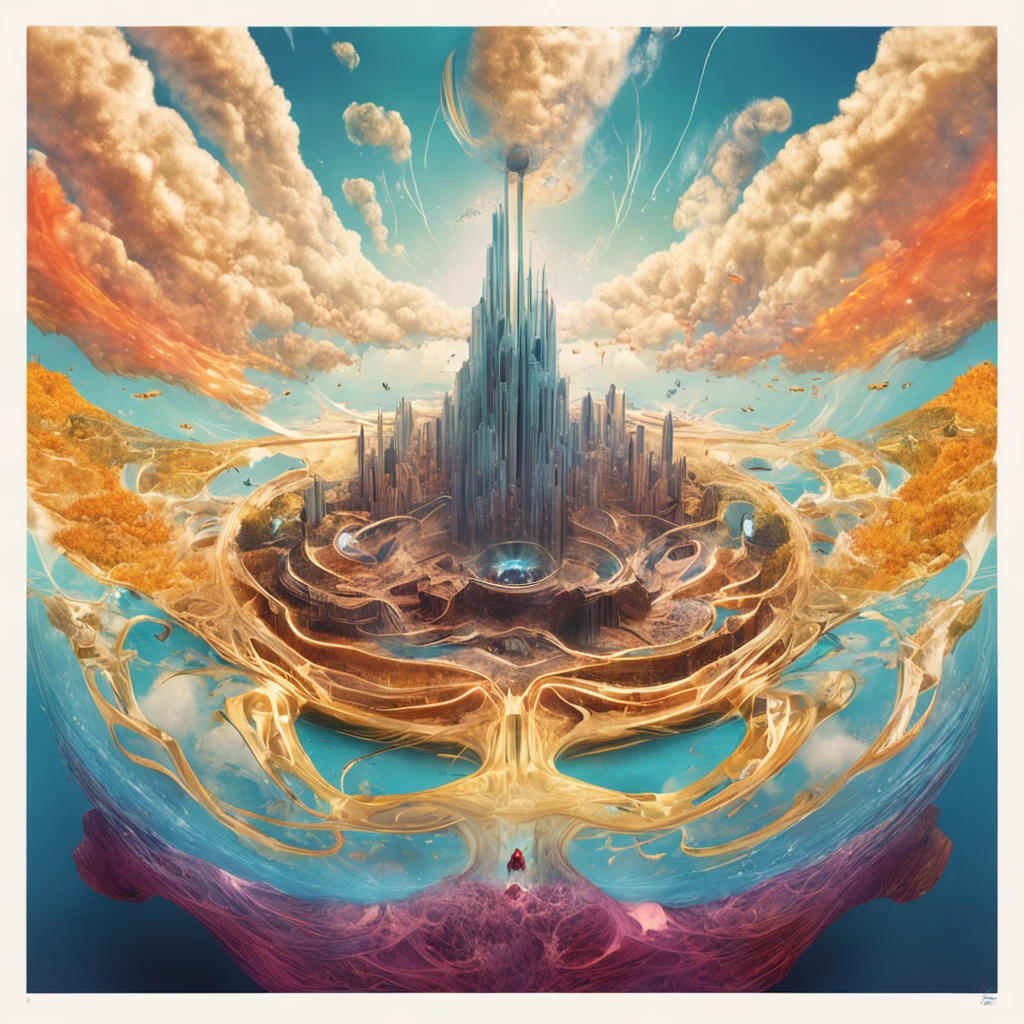 Confluence of energies into a swirling, dark interdimensional rift. Suspended in the air over a large floating island on a bright sunny day, it should look foreboding. The PoV should be from be at about head height for someone on the island, who is looking up at this swirling mass of energy. There should be ethereal chains pouring from this rift into the ground of the floating island.