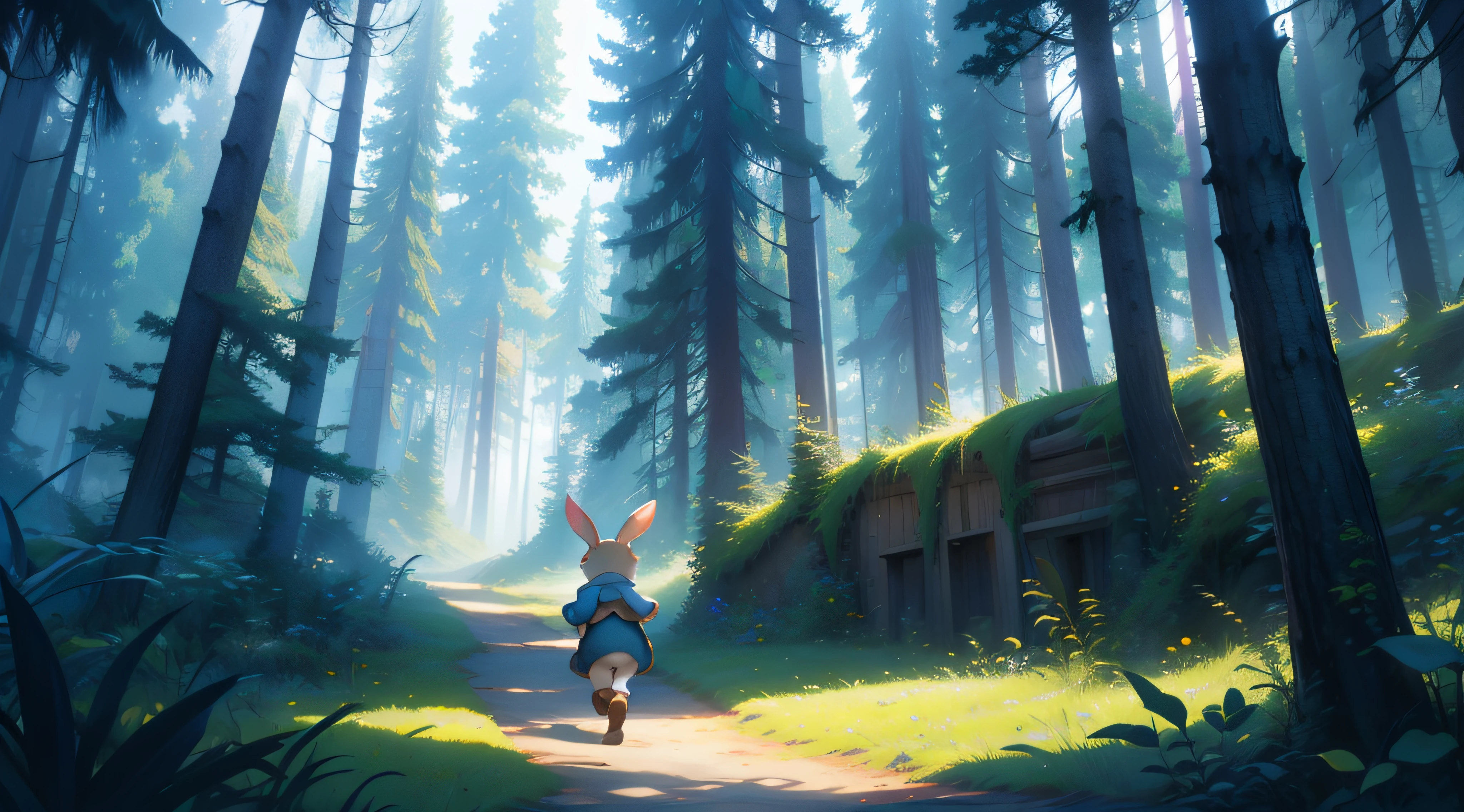 Once upon a time, Enchanted Forest, Lived Young and curious rabbit, Loved, Explore, Learn, New things, Jumped, Trees, Mysterious, sound, Bush, Curious, Decided, Investigate, Nearby. drawing. colorful.