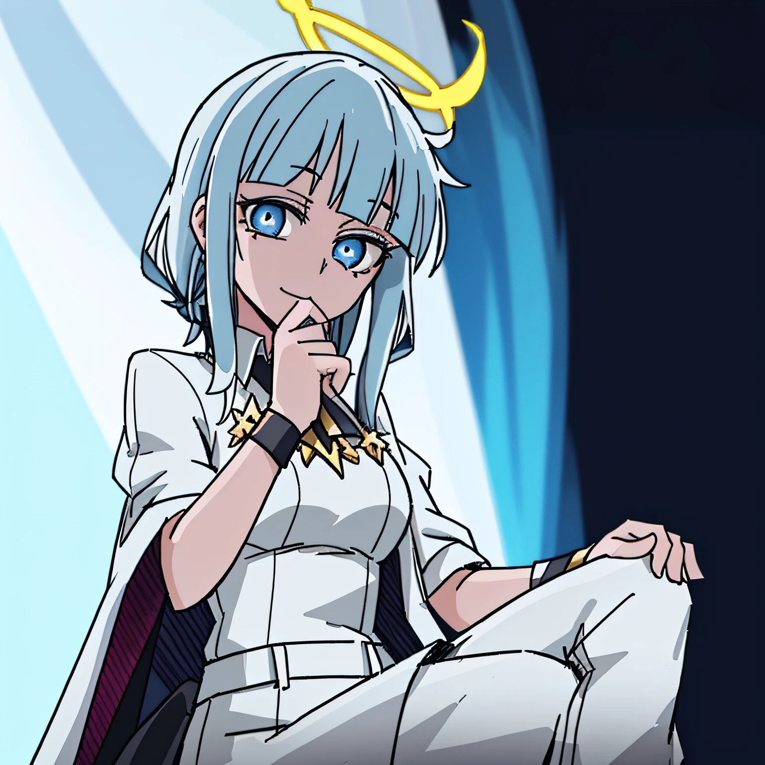 2d, tmasterpiece, Best quality at best, Very detailed eyes, very vey very detailed face, cowboy lens, The feet are outside the frame, 1girl, 独奏, standing on your feet, with black background, fundo vermelho, helltaker, azazel \(helltaker\), white shirt, White pants,golden trim、The halo、angelicales、blue hair、short detailed hair、white ribbons、shairband、Light blue eyes、looking at viewert、ssmile、with her mouth open、hand on own face、Looking directly at