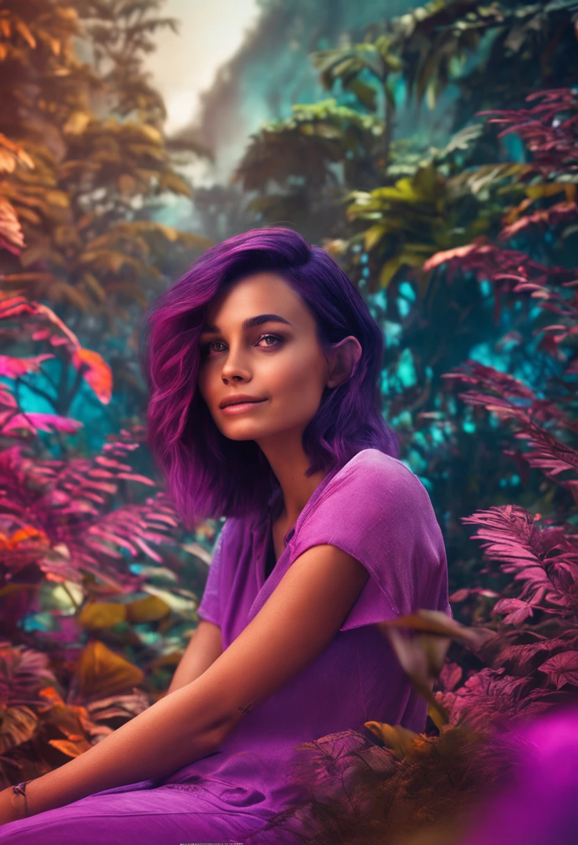girl with short hair with purple highlights sitting in a beautiful colorful forest