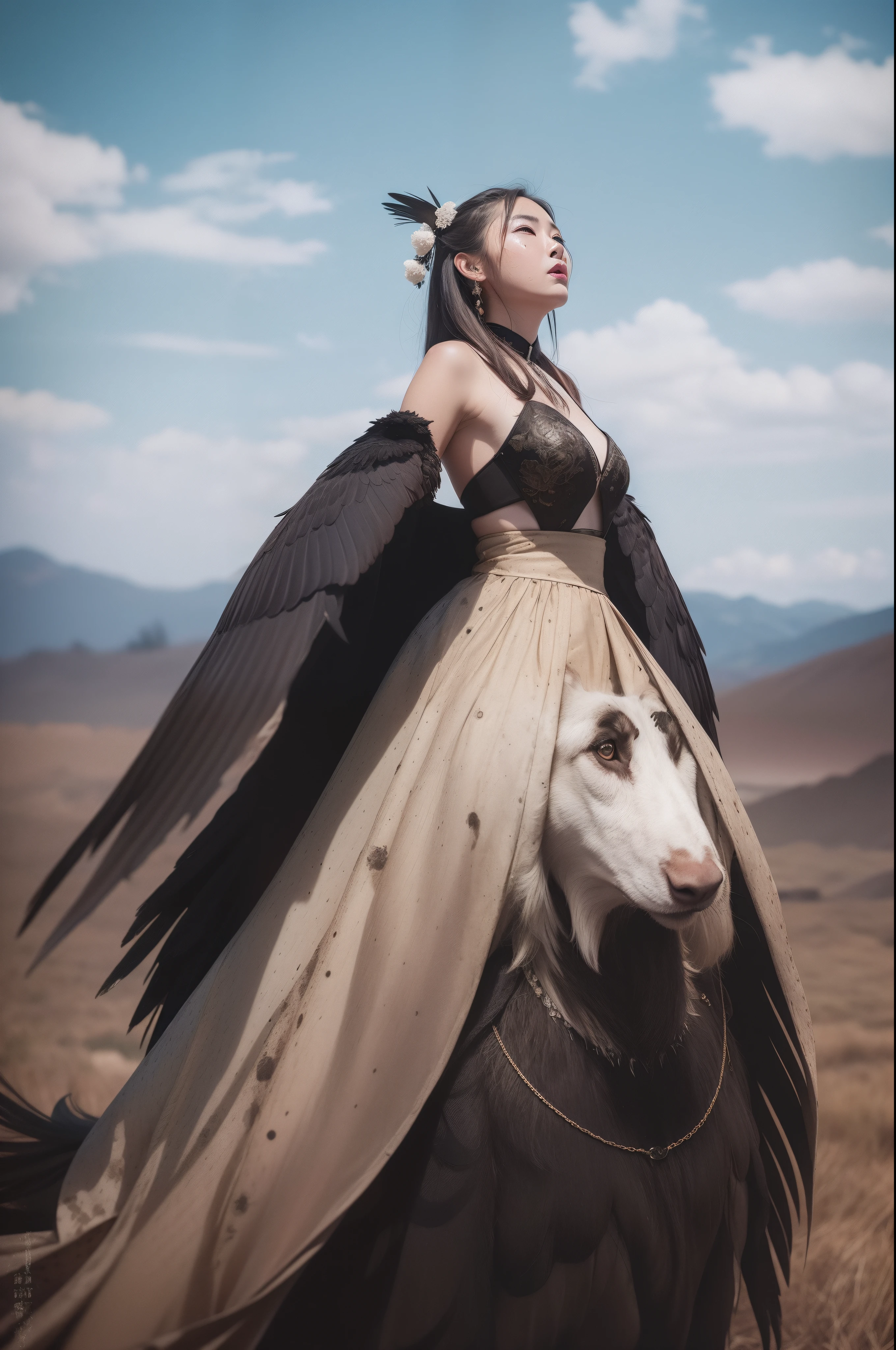 Woman in exaggerated dress,and freckles on his face,Stand on the vast wilderness,Circling ravens,liberta,Photographer Zhang Jiacheng's photographic style,Stage play effect,Bright and witty vintage tones,4k画质,Oriental aesthetics,ultra-realistic realism